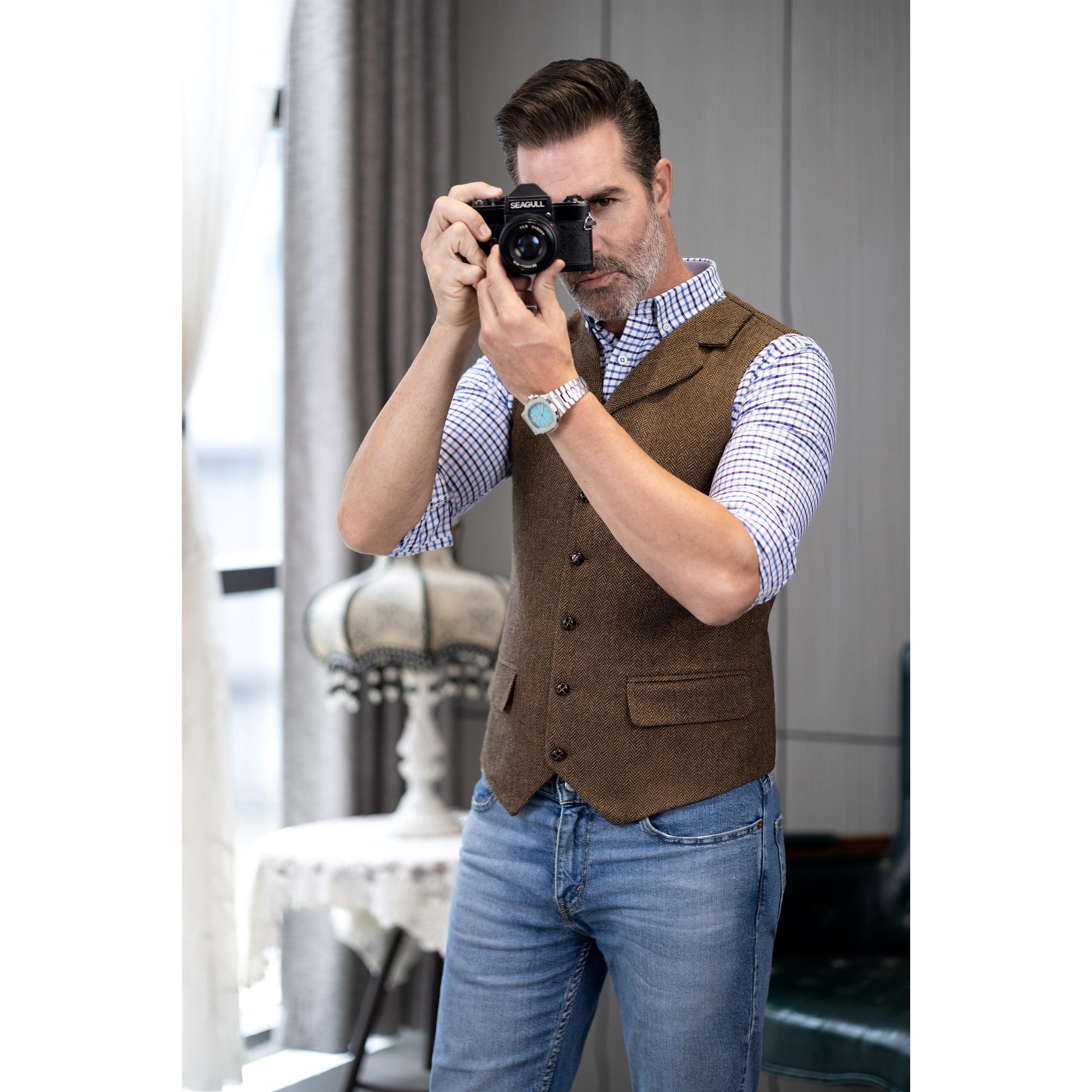 ceehuteey Men's Casual Vest Tweed Herringbone  Notch Lapel Waistcoat
