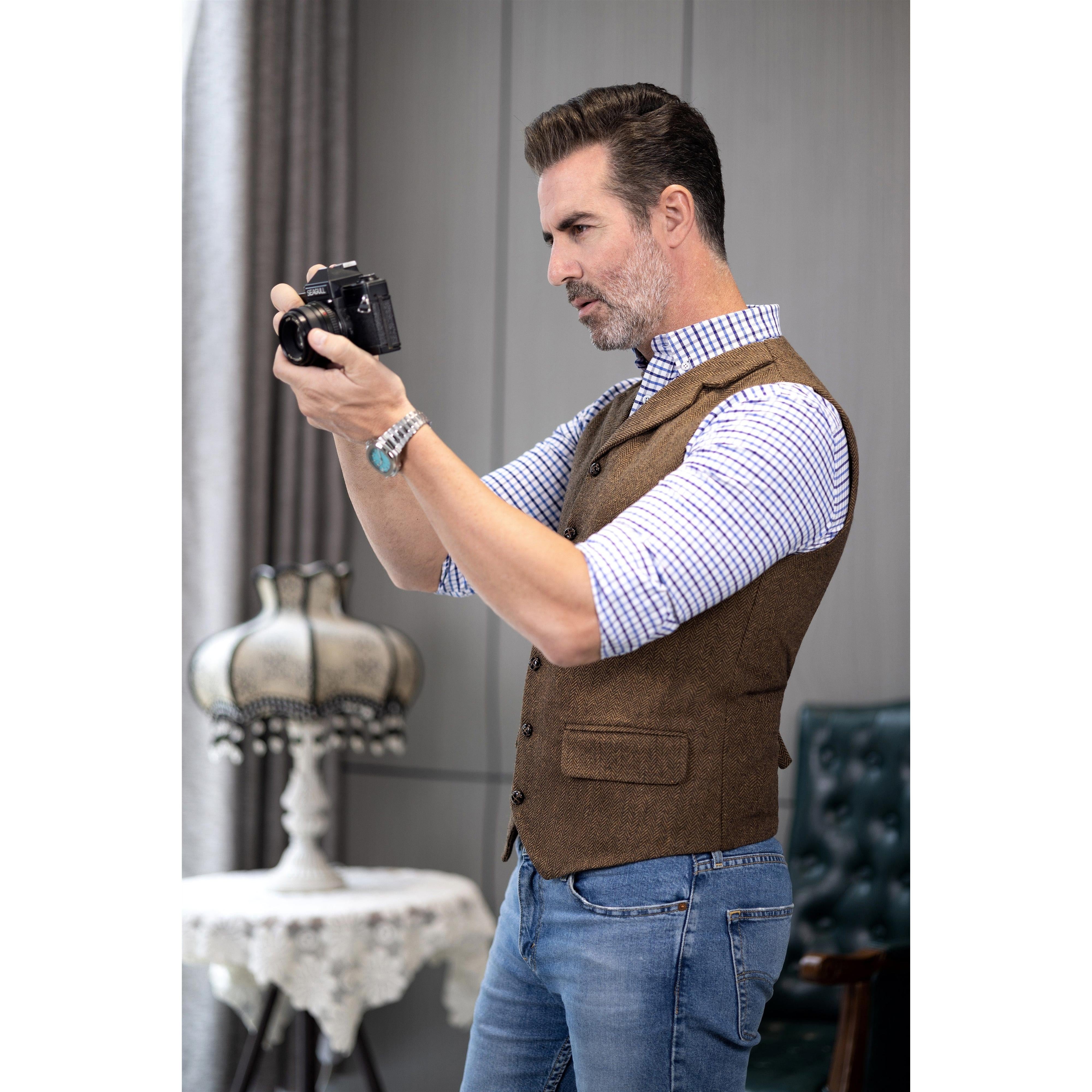 ceehuteey Men's Casual Vest Tweed Herringbone  Notch Lapel Waistcoat