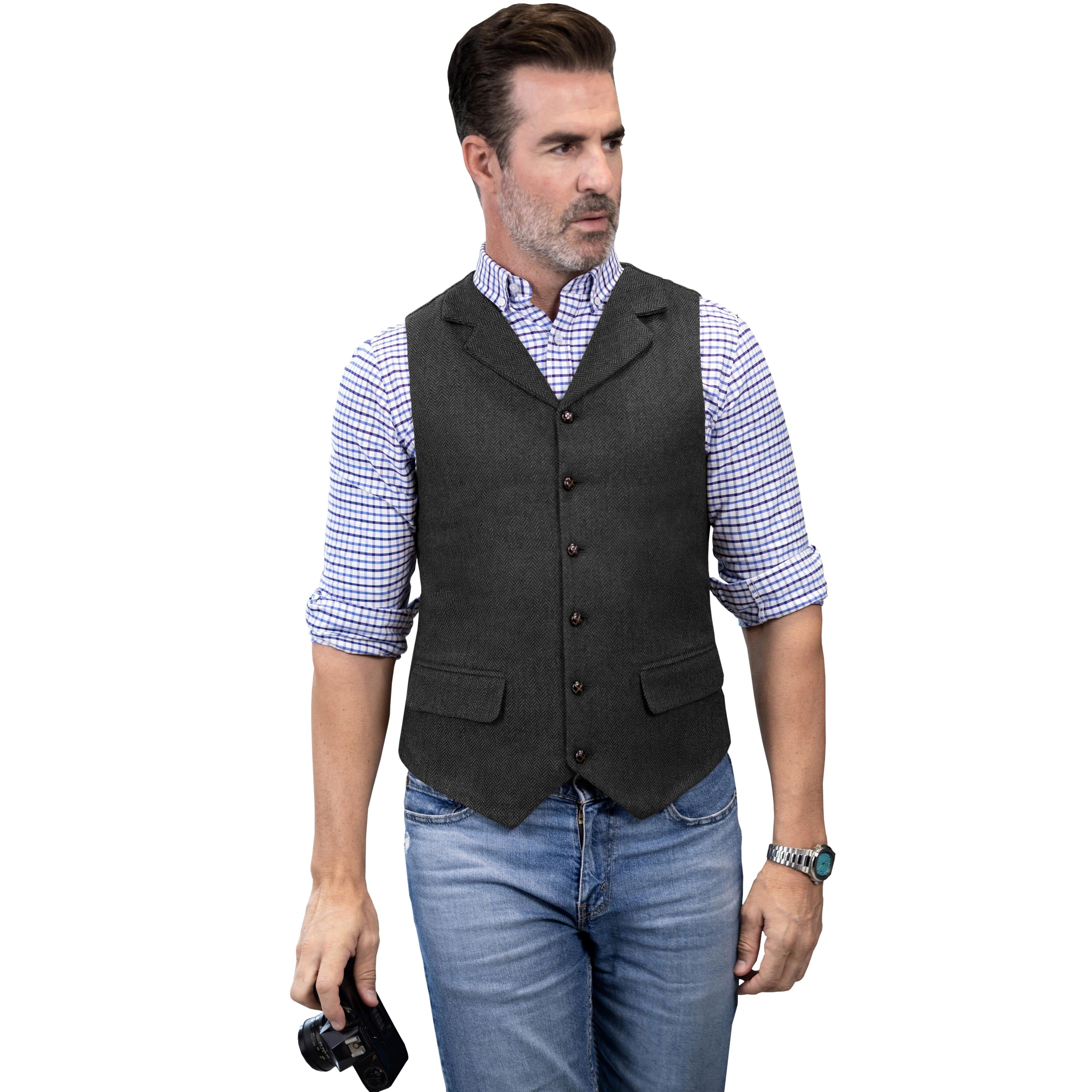 ceehuteey Men's Casual Vest Tweed Herringbone  Notch Lapel Waistcoat