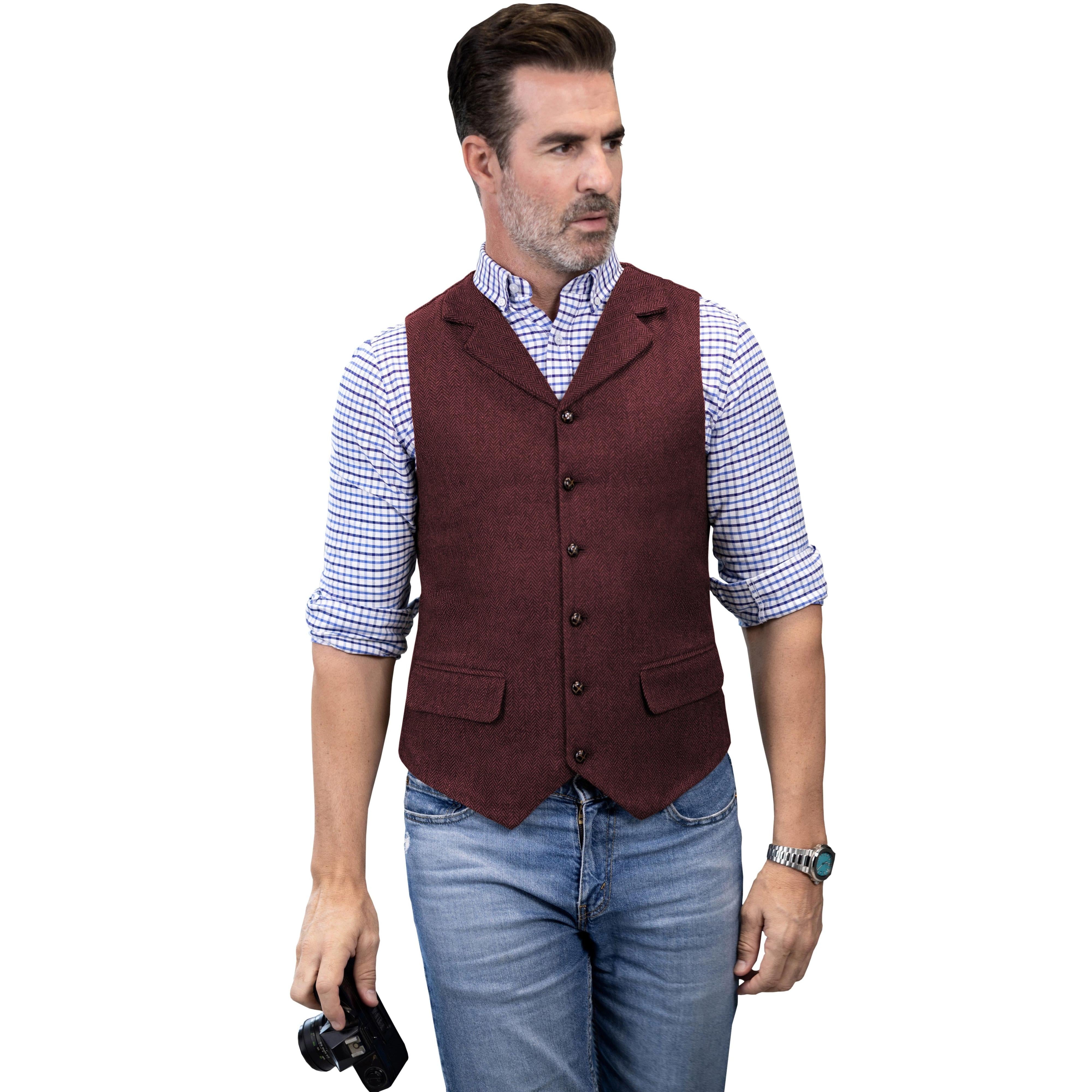 ceehuteey Men's Casual Vest Tweed Herringbone  Notch Lapel Waistcoat