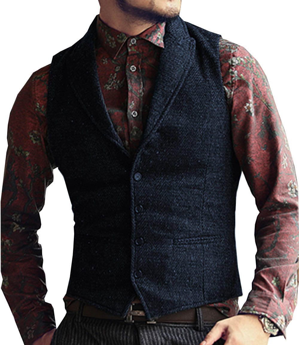 ceehuteey Men's Classic Peak Lapel Tweed Herringbone Waistcoat