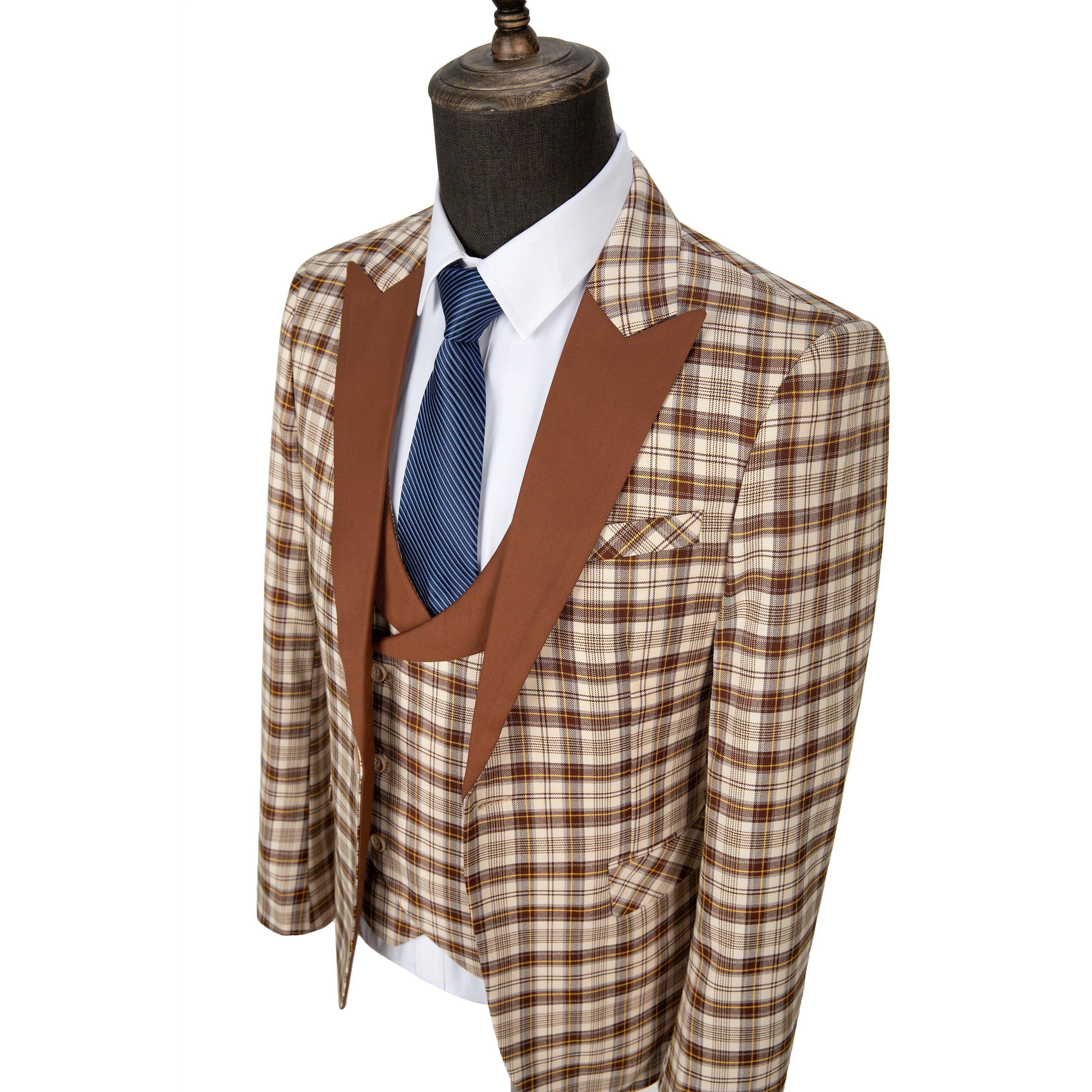 ceehuteey Men's Classic plaid Business suit Peak Lapel Regular Fit 3 Pieces suit (Blazer+vest+Pants)