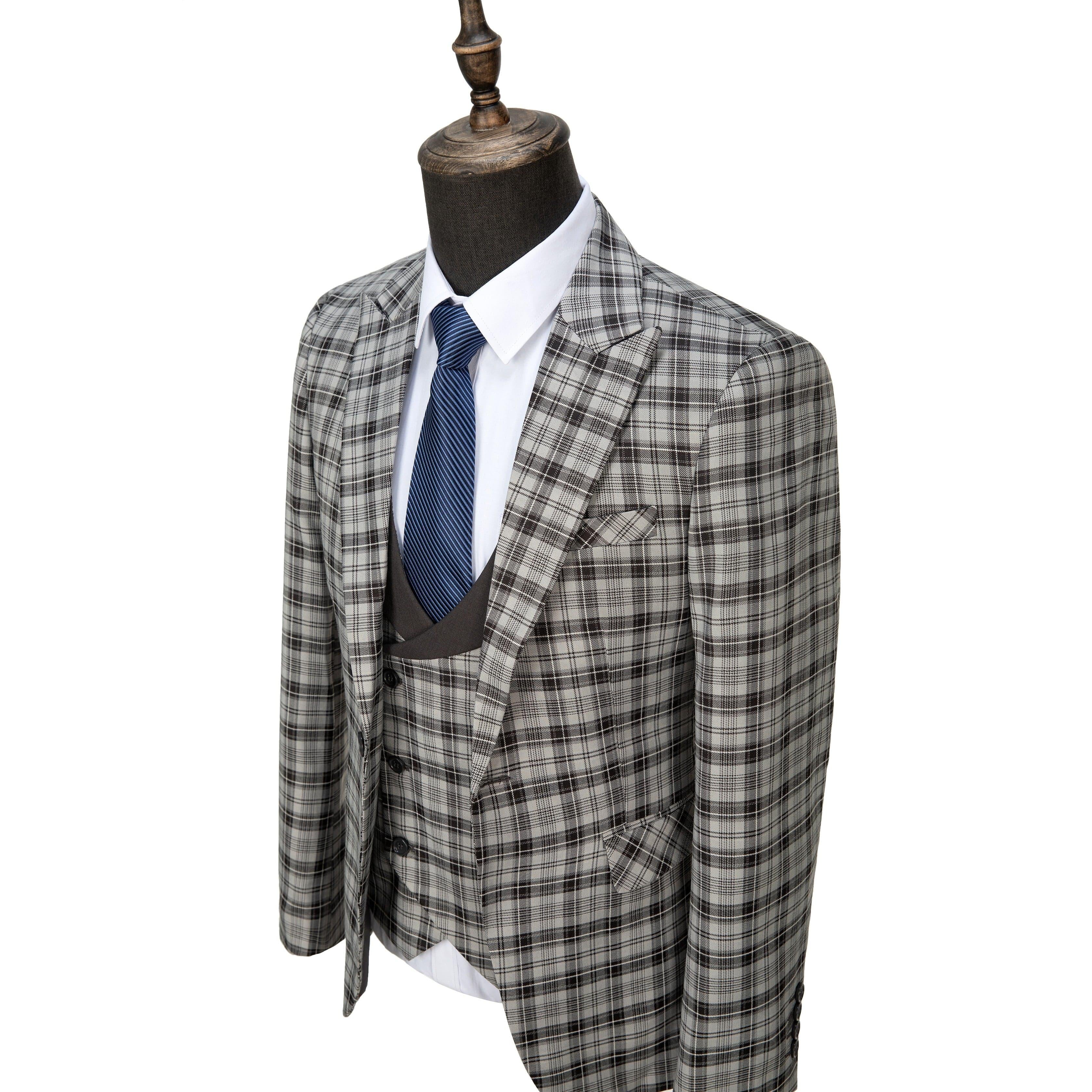 ceehuteey Men's Classic plaid Business suit Peak Lapel Regular Fit 3 Pieces suit (Blazer+vest+Pants)