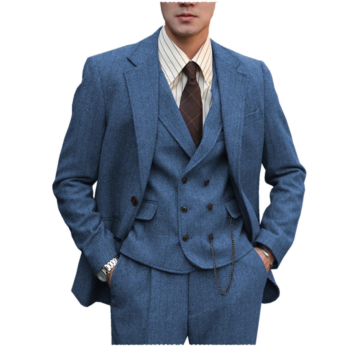 ceehuteey men’s classical herringbone suits 3 piece suits  regular fit wedding groom suits (blazer+vest+pants)