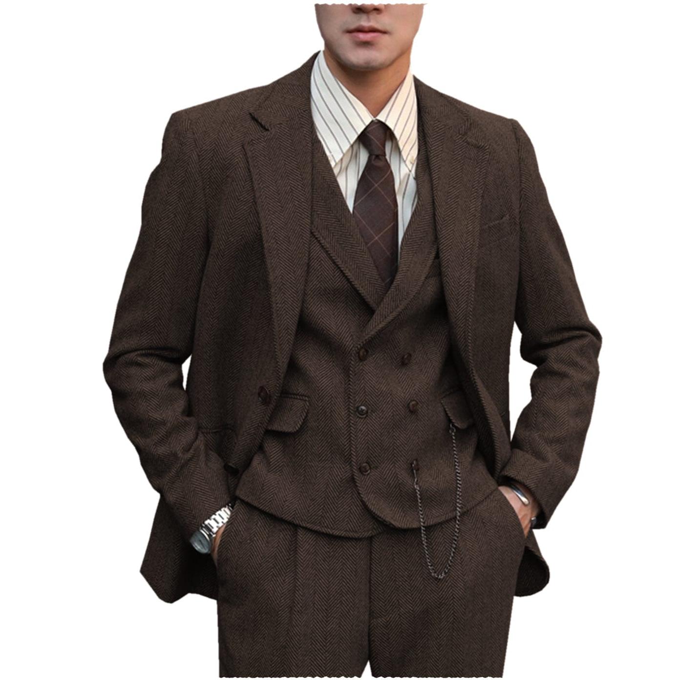ceehuteey men’s classical herringbone suits 3 piece suits  regular fit wedding groom suits (blazer+vest+pants)