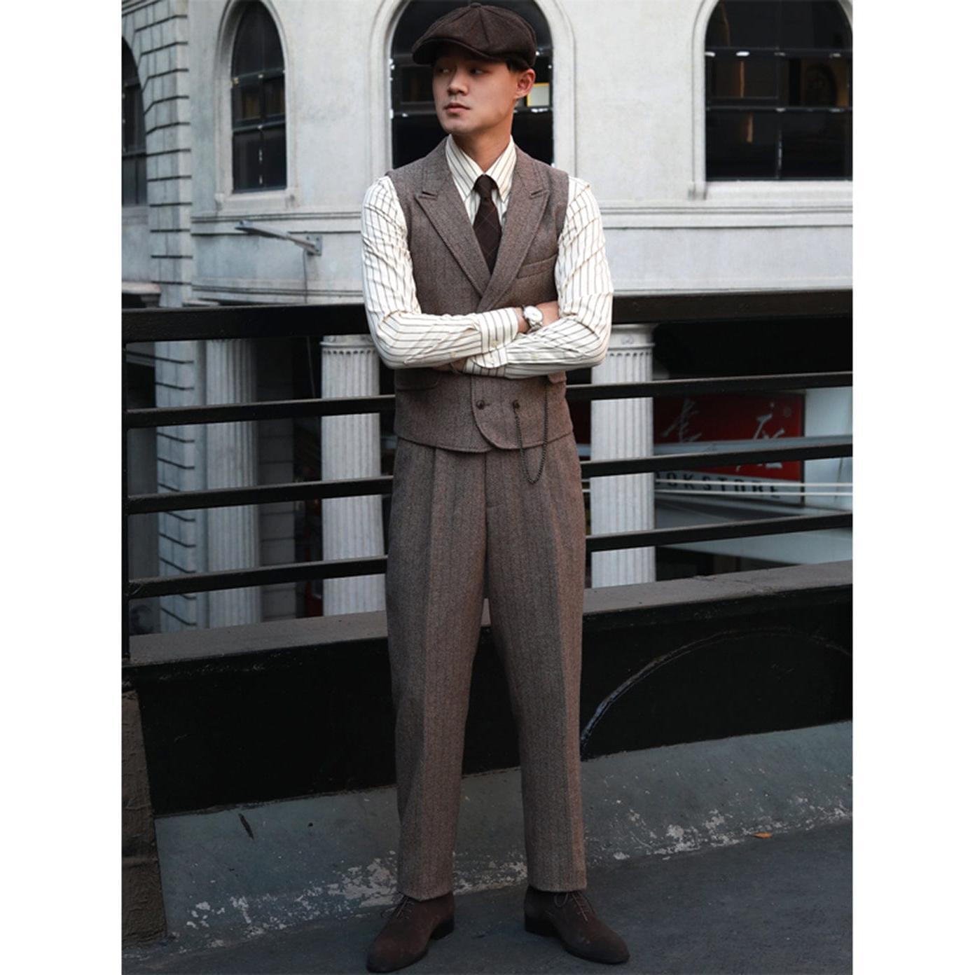 ceehuteey men’s classical herringbone suits 3 piece suits  regular fit wedding groom suits (blazer+vest+pants)