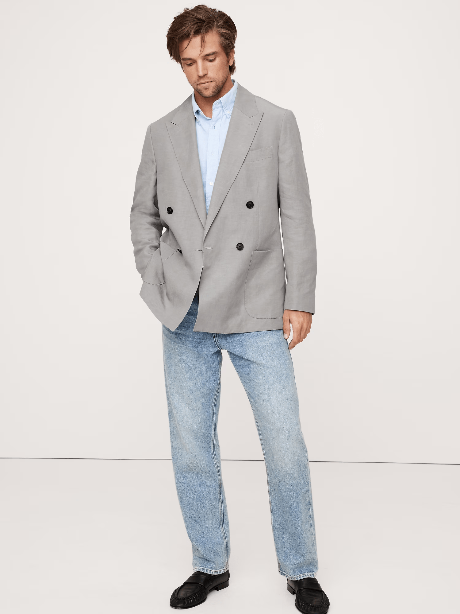 ceehuteey Men's Cotton-Linen Tencel stylish Grey Peak lapel Double Breasted Summer Leisure Suit Jacket Blazer