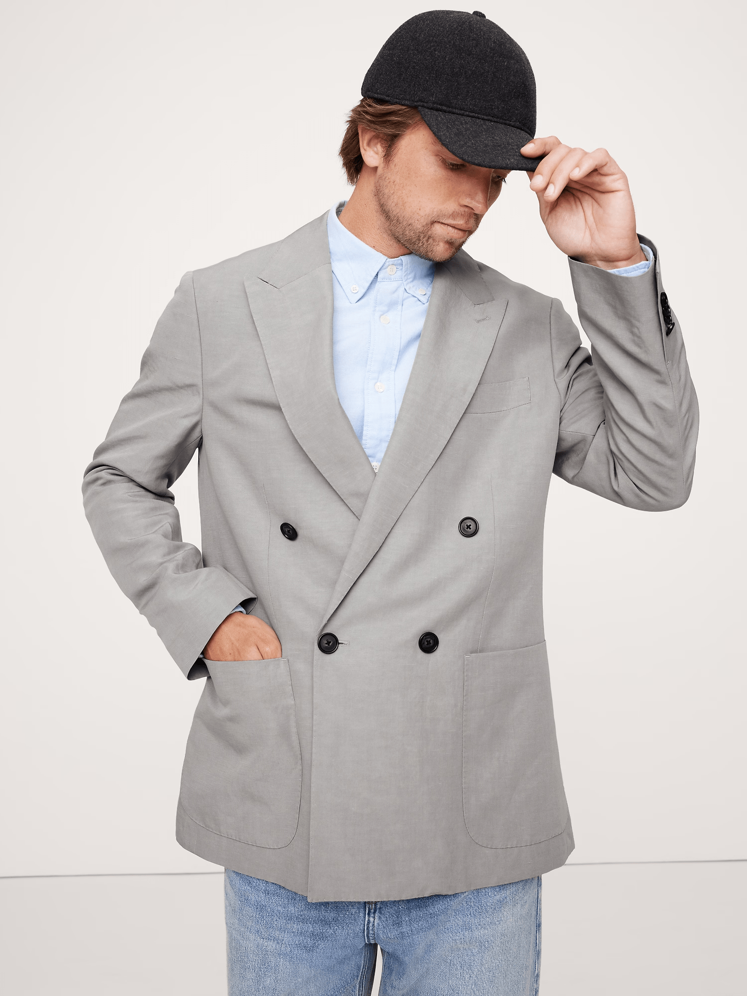 ceehuteey Men's Cotton-Linen Tencel stylish Grey Peak lapel Double Breasted Summer Leisure Suit Jacket Blazer