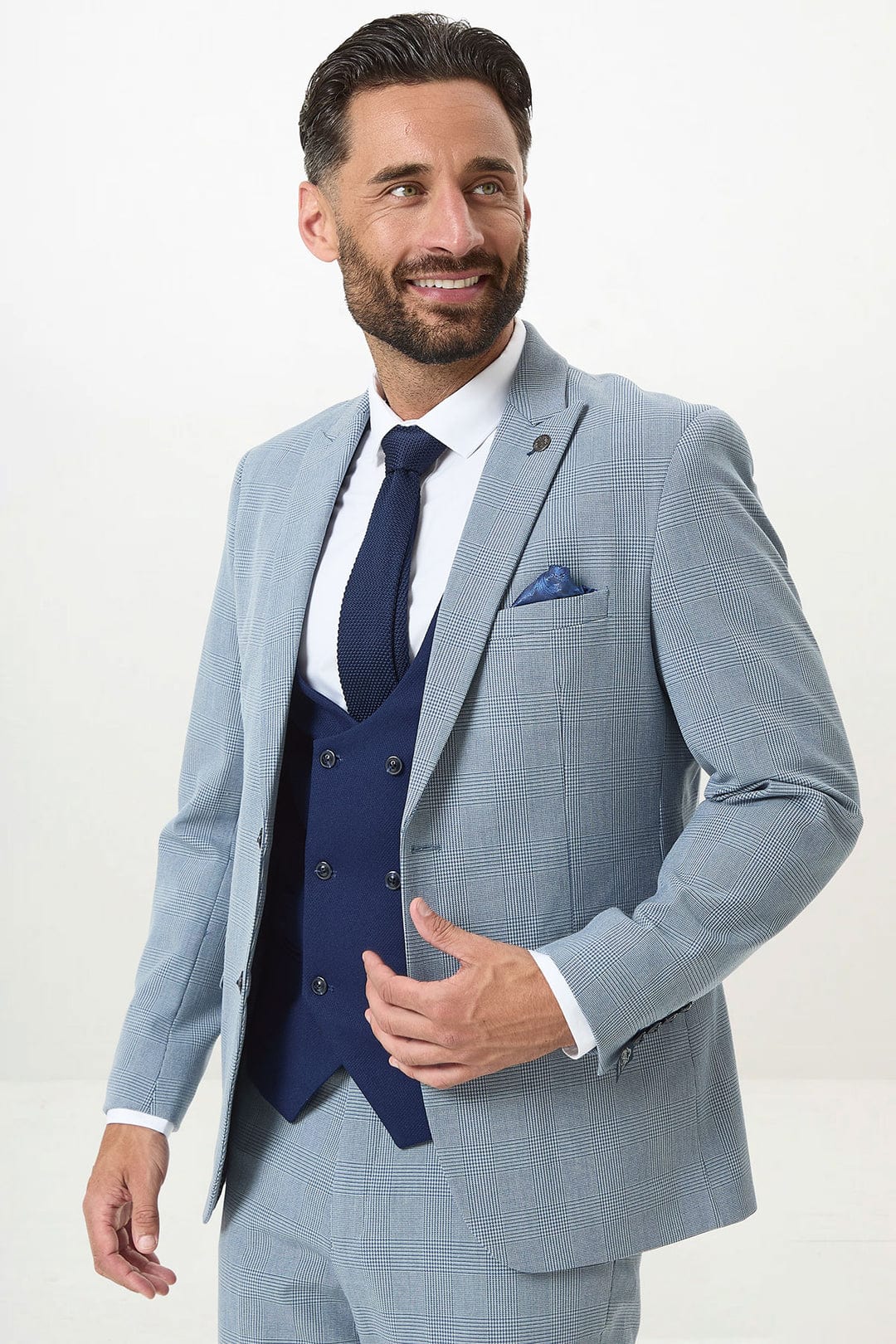 ceehuteey Men's Fashion 3 piece Plaid Blue Contrast color Peak Lapel Double Breasted Multiple Occasions suit (Blazer+vest+Pants)