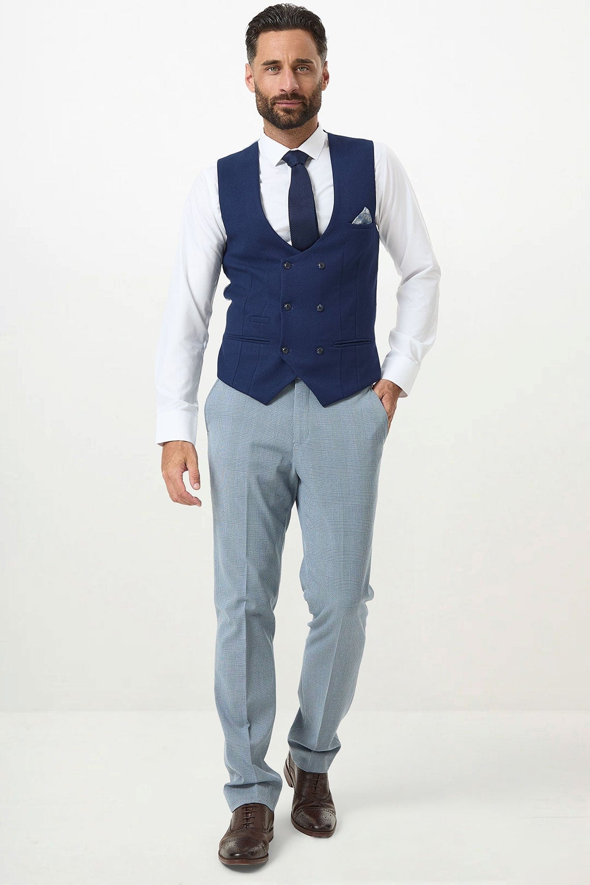 ceehuteey Men's Fashion 3 piece Plaid Blue Contrast color Peak Lapel Double Breasted Multiple Occasions suit (Blazer+vest+Pants)
