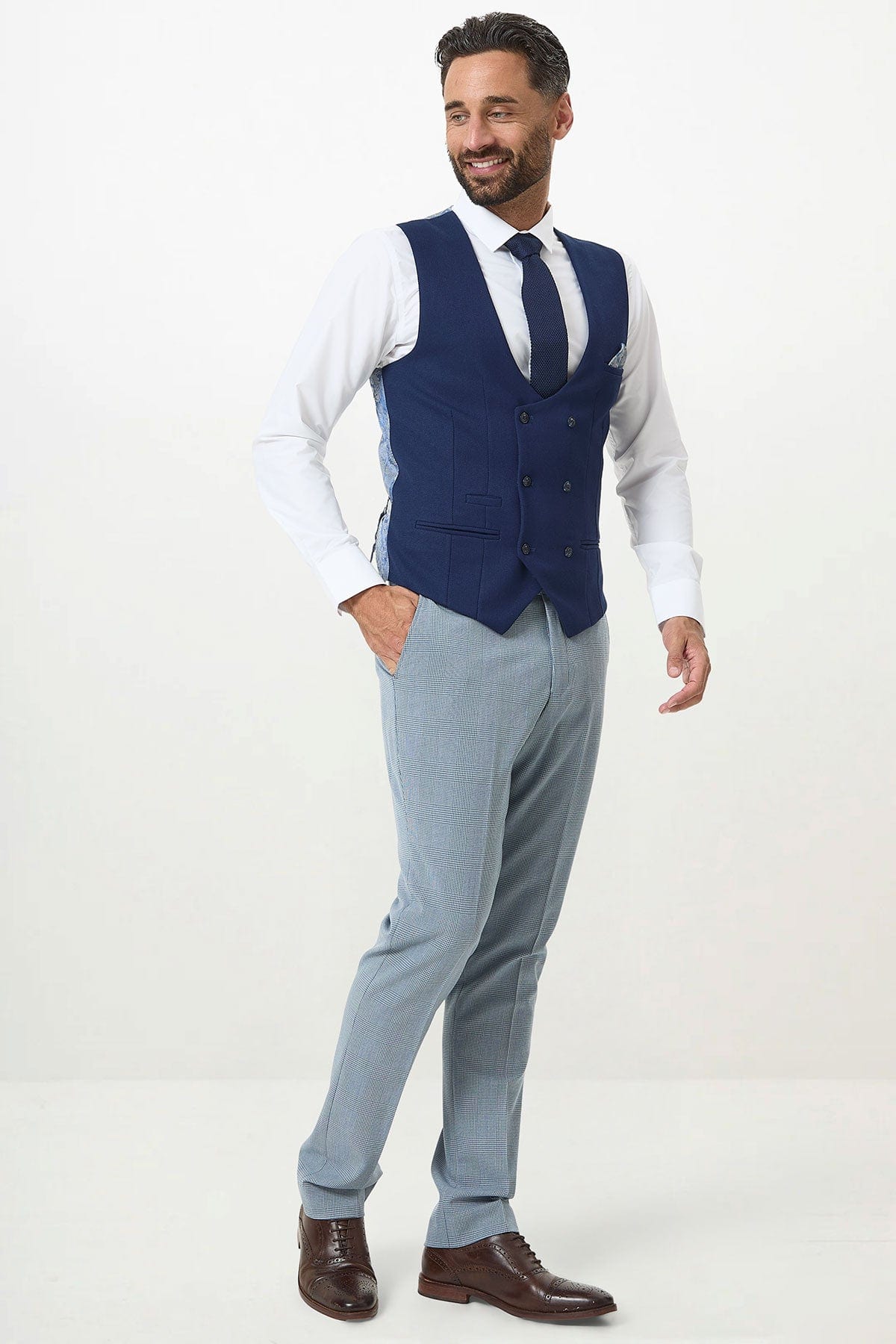 ceehuteey Men's Fashion 3 piece Plaid Blue Contrast color Peak Lapel Double Breasted Multiple Occasions suit (Blazer+vest+Pants)