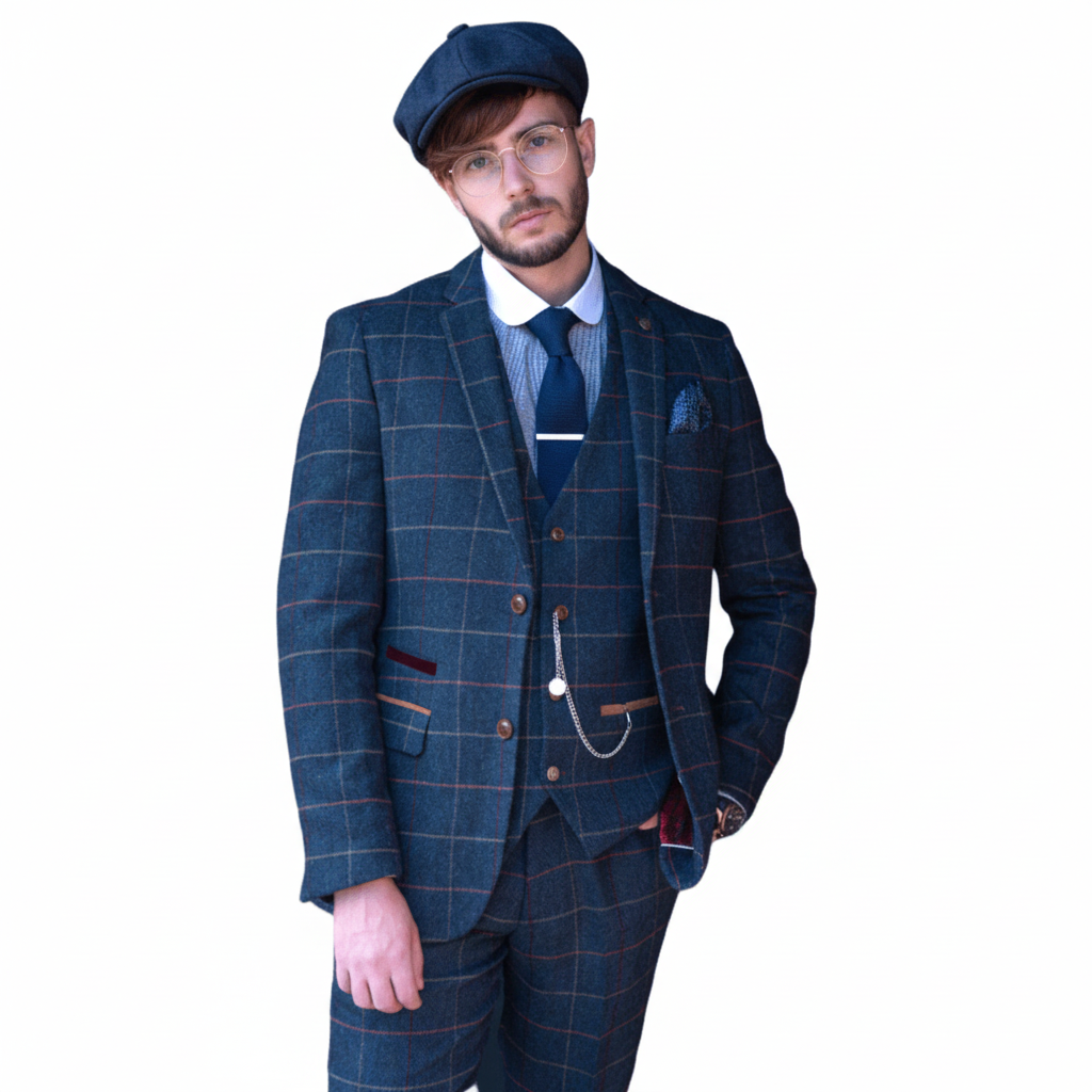 ceehuteey Men's Fashion 3 piece Plaid Blue Peak Lapel Double Breasted Multiple Occasions suit (Blazer+vest+Pants)