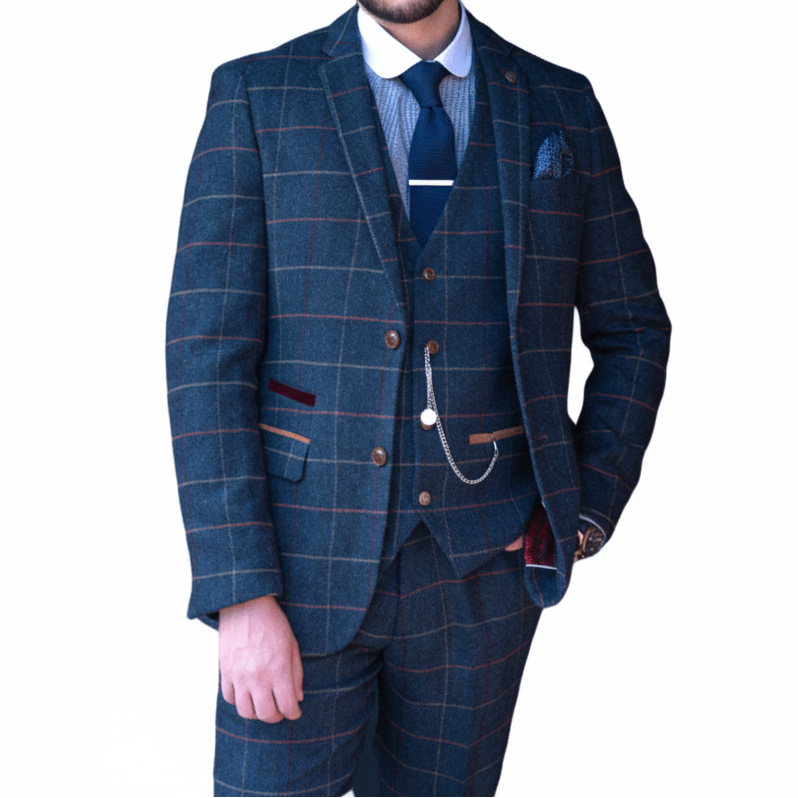 ceehuteey Men's Fashion 3 piece Plaid Blue Peak Lapel Double Breasted Multiple Occasions suit (Blazer+vest+Pants)