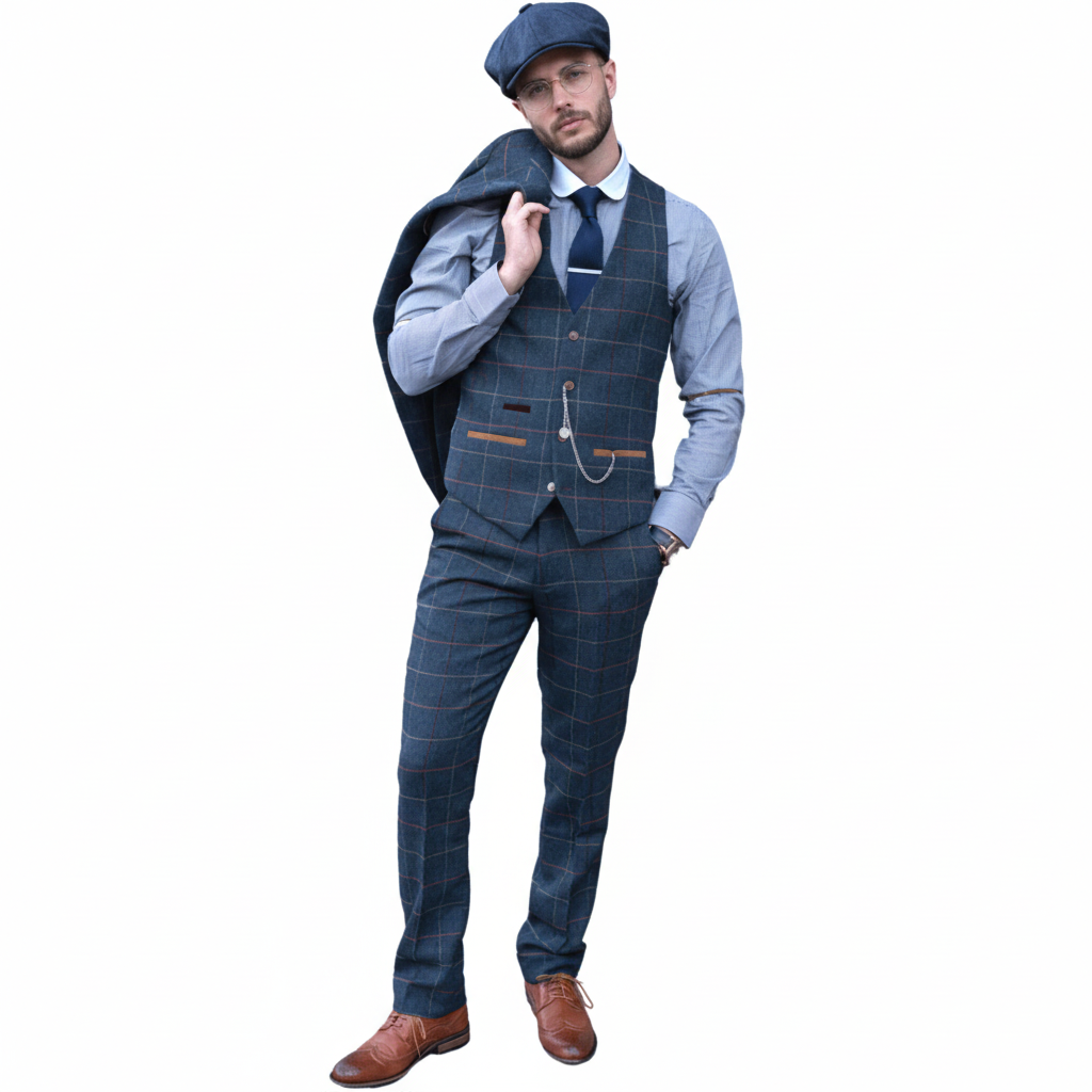 ceehuteey Men's Fashion 3 piece Plaid Blue Peak Lapel Double Breasted Multiple Occasions suit (Blazer+vest+Pants)