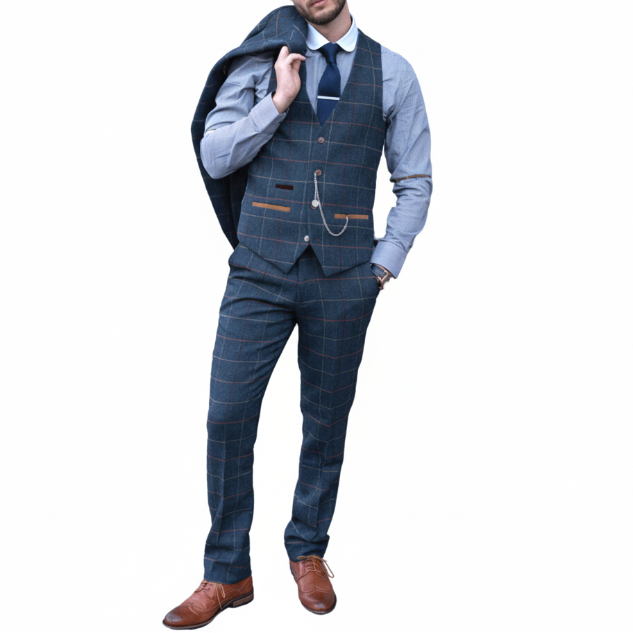 ceehuteey Men's Fashion 3 piece Plaid Blue Peak Lapel Double Breasted Multiple Occasions suit (Blazer+vest+Pants)