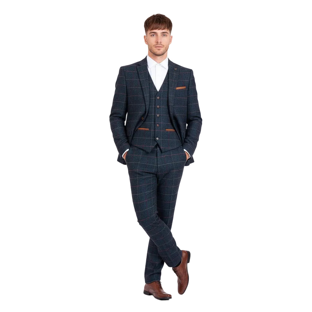 ceehuteey Men's Fashion 3 piece Plaid Blue Peak Lapel Double Breasted Multiple Occasions suit (Blazer+vest+Pants)