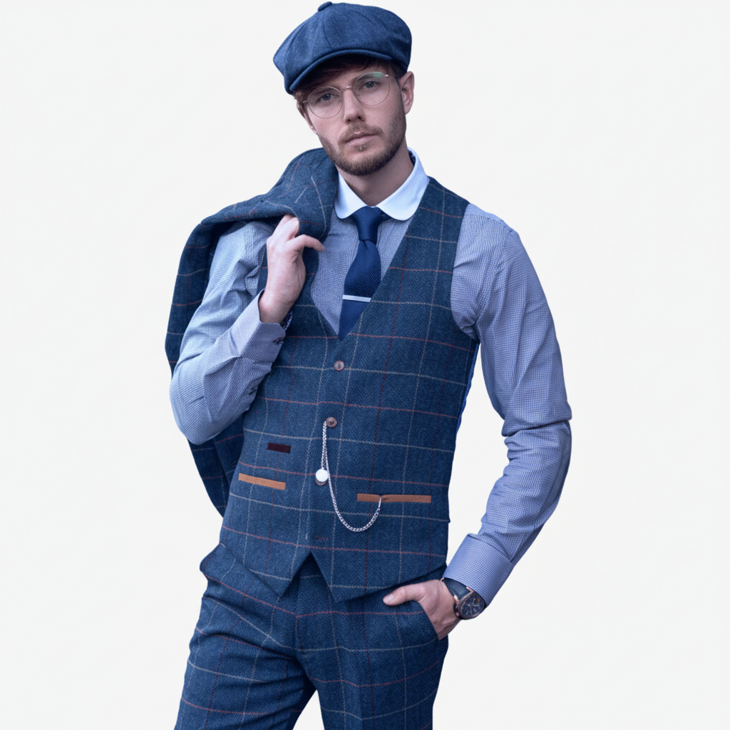 ceehuteey Men's Fashion 3 piece Plaid Blue Peak Lapel Double Breasted Multiple Occasions suit (Blazer+vest+Pants)