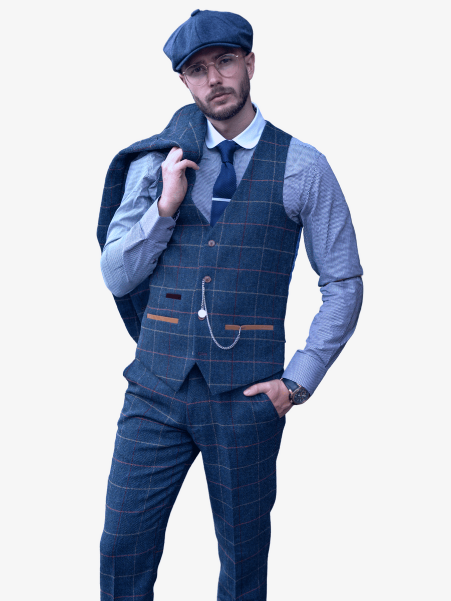 ceehuteey Men's Fashion 3 piece Plaid Blue Peak Lapel Double Breasted Multiple Occasions suit (Blazer+vest+Pants)