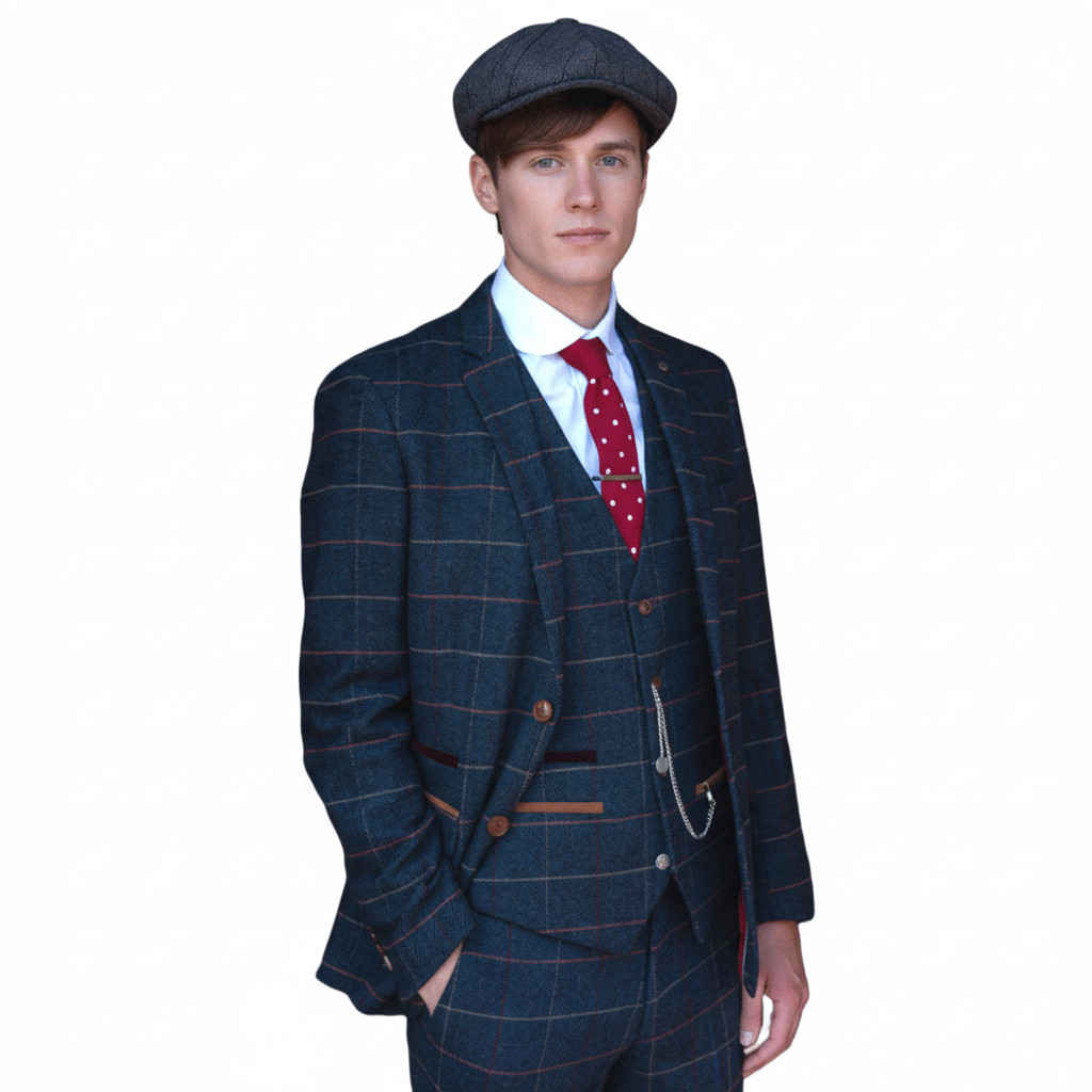 ceehuteey Men's Fashion 3 piece Plaid Blue Peak Lapel Double Breasted Multiple Occasions suit (Blazer+vest+Pants)