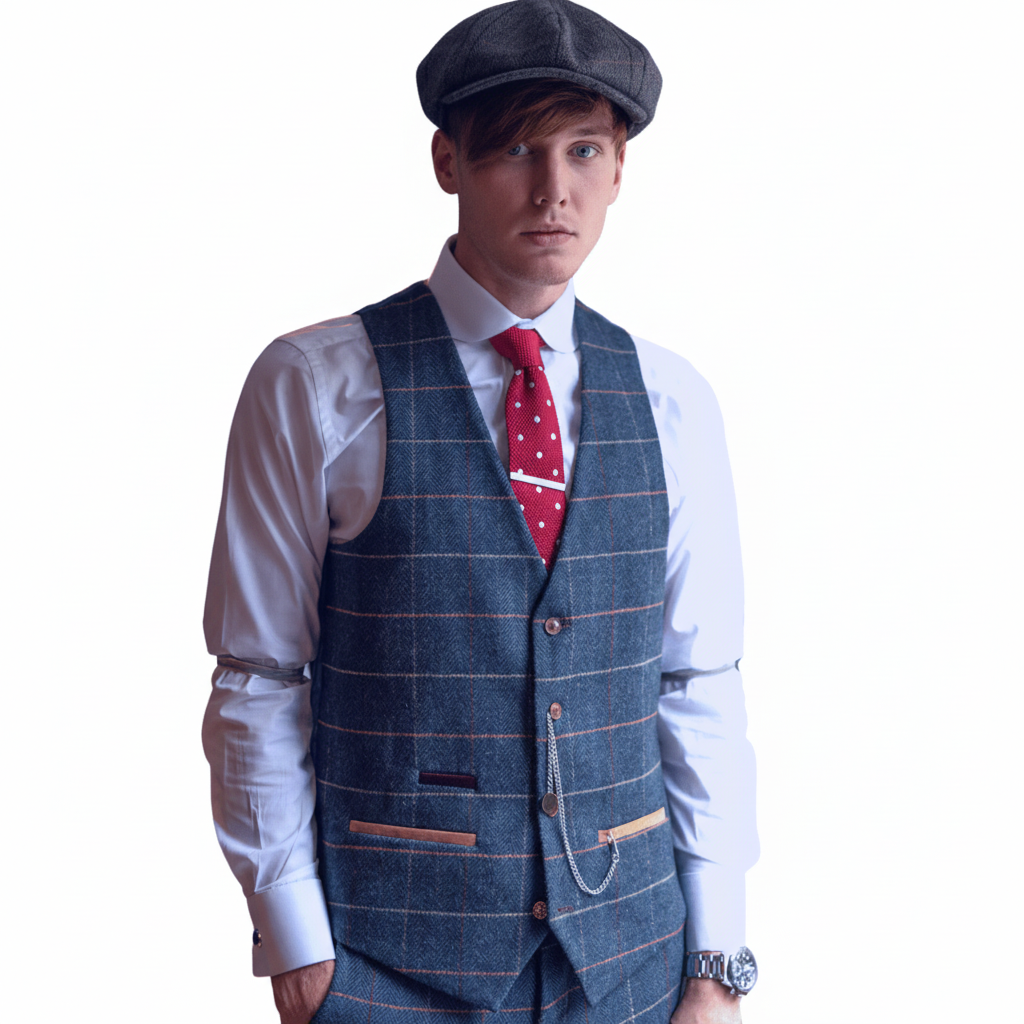 ceehuteey Men's Fashion 3 piece Plaid Blue Peak Lapel Double Breasted Multiple Occasions suit (Blazer+vest+Pants)