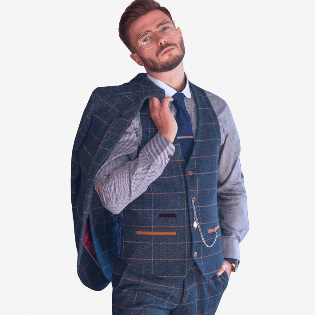 ceehuteey Men's Fashion 3 piece Plaid Blue Peak Lapel Double Breasted Multiple Occasions suit (Blazer+vest+Pants)
