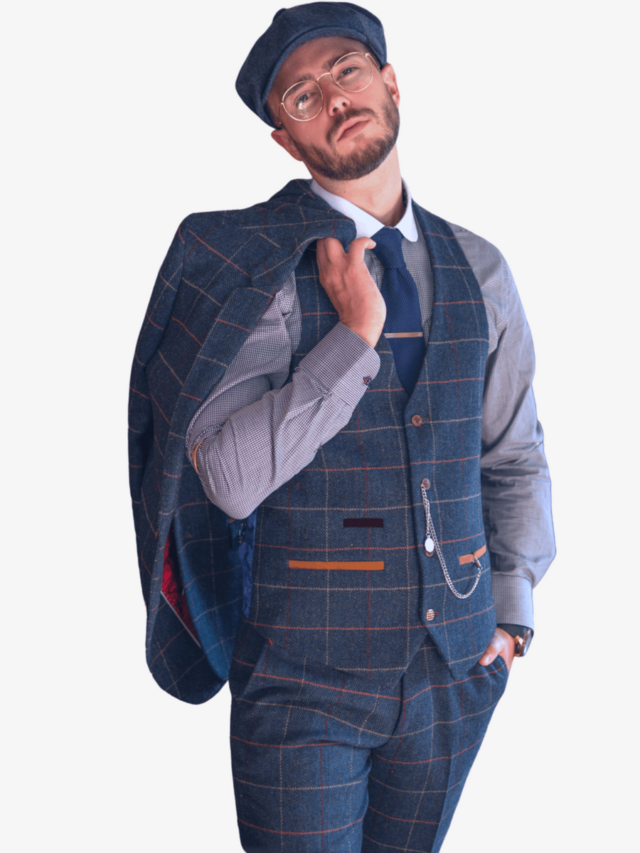 ceehuteey Men's Fashion 3 piece Plaid Blue Peak Lapel Double Breasted Multiple Occasions suit (Blazer+vest+Pants)