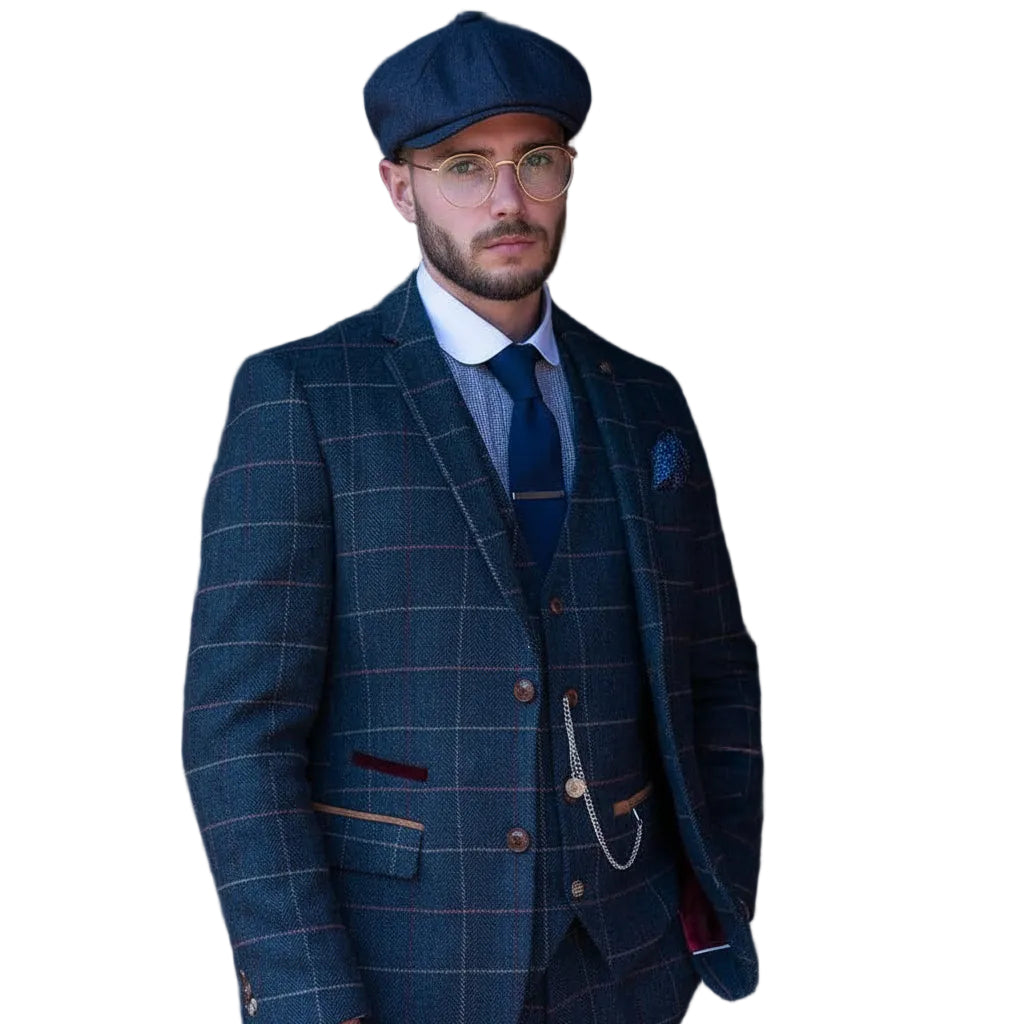 ceehuteey Men's Fashion 3 piece Plaid Blue Peak Lapel Double Breasted Multiple Occasions suit (Blazer+vest+Pants)