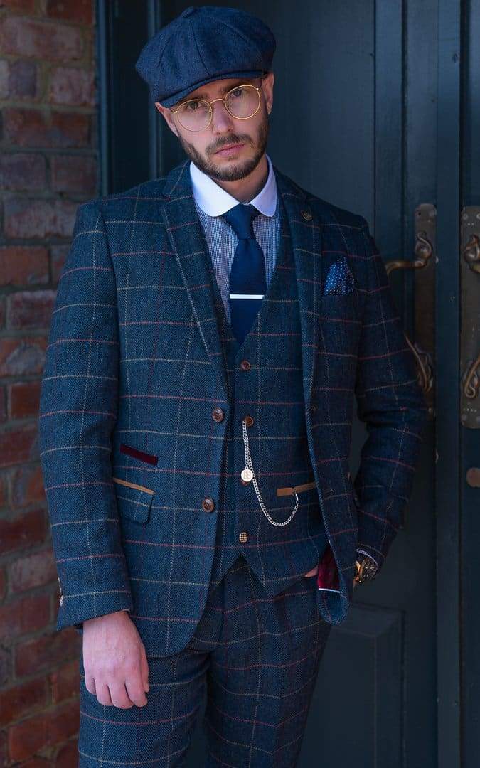 ceehuteey Men's Fashion 3 piece Plaid Blue Peak Lapel Double Breasted Multiple Occasions suit (Blazer+vest+Pants)