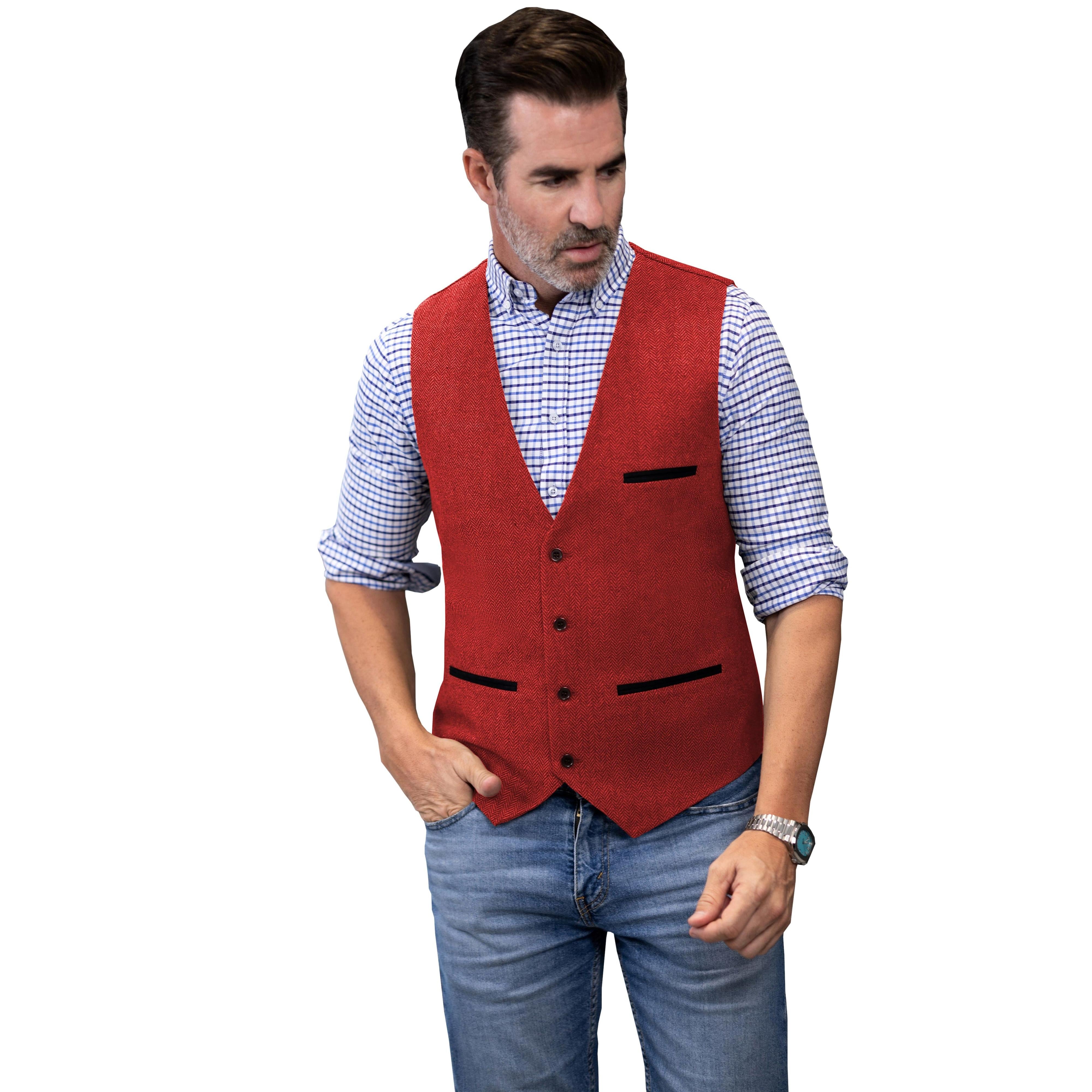 Produktbild von Mens S Western Herringbone Tweed Suit Vest Wool Blend V Neck Slim Waistcoat Sleeveless Button Down Vests Tweed Vest Men