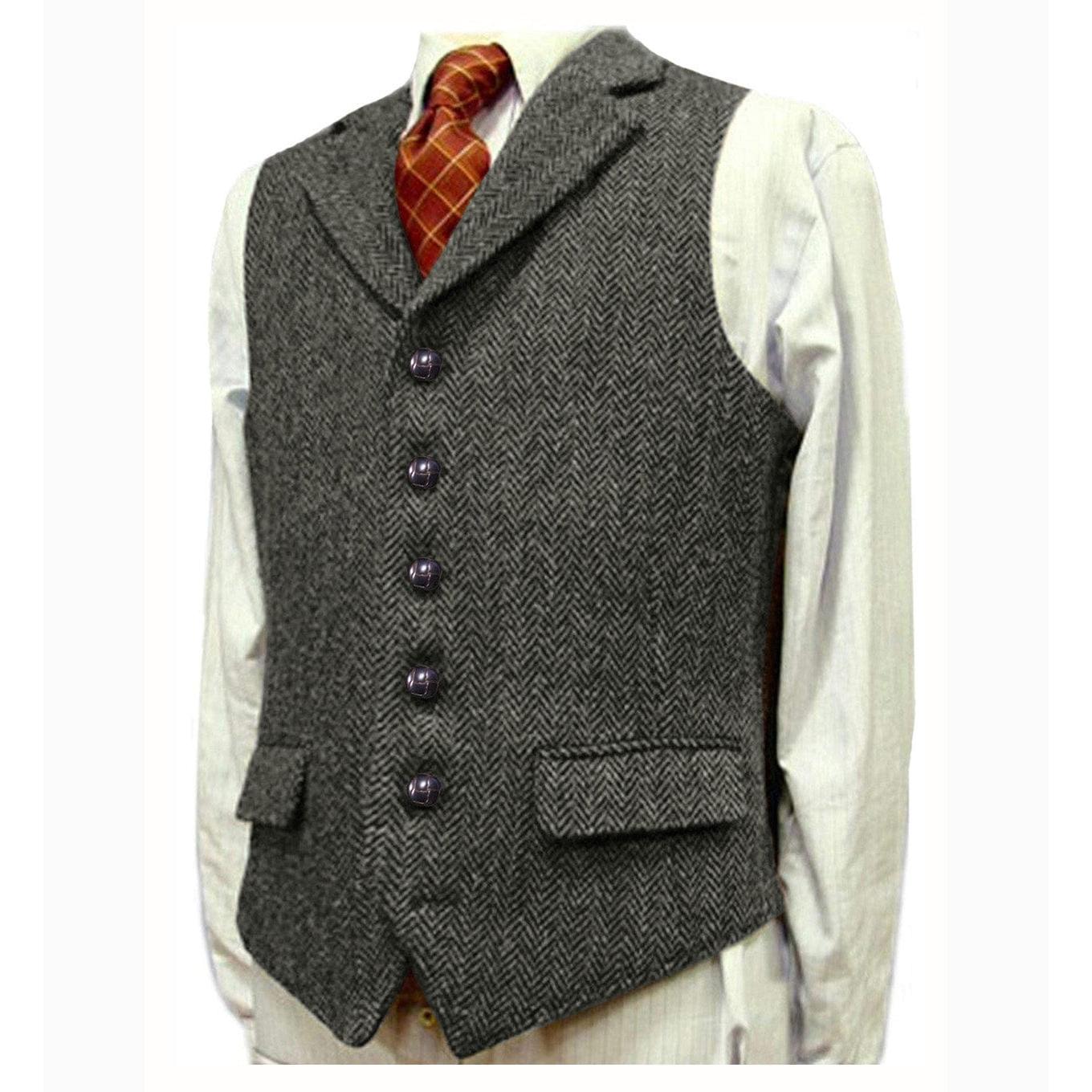 ceehuteey Men's Fashion Notch Lapel Tweed Herringbone Waistcoat