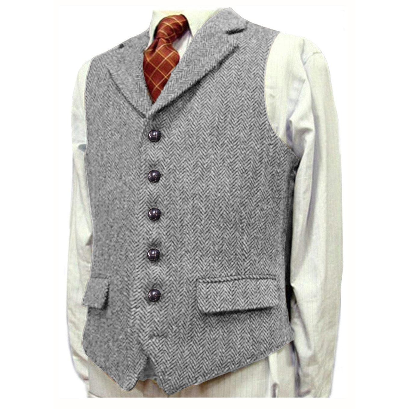 ceehuteey Men's Fashion Notch Lapel Tweed Herringbone Waistcoat