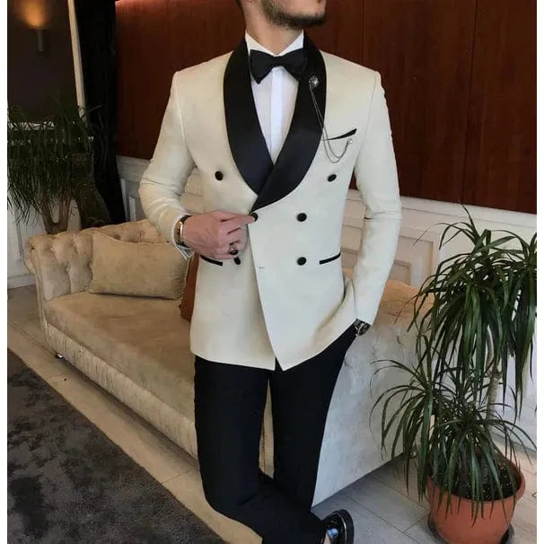 ceehuteey Men's Fashion Prom Style Double Breasted  Shawl Lapel 2 Pieces Suit (Blazer+Pants)