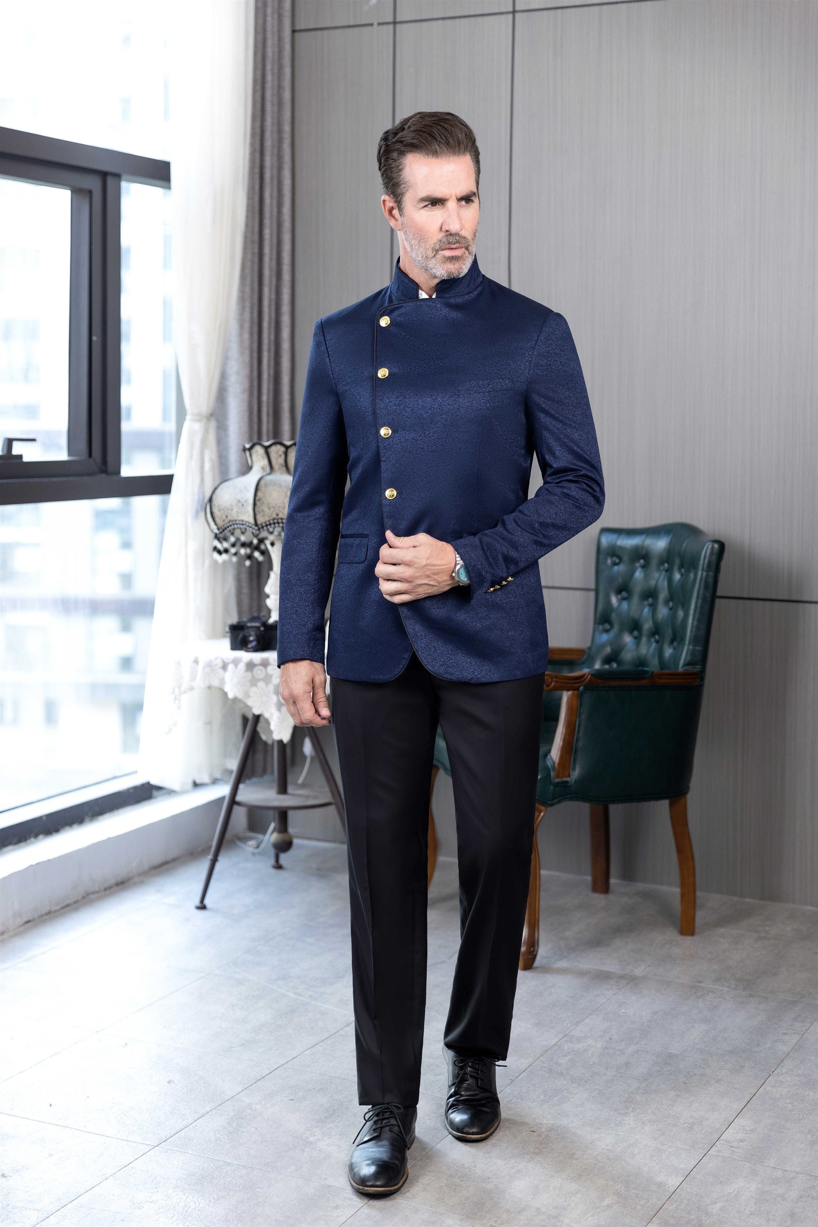 ceehuteey Men's Fashion Stand Collar  Oblique buckle Suit Blazer