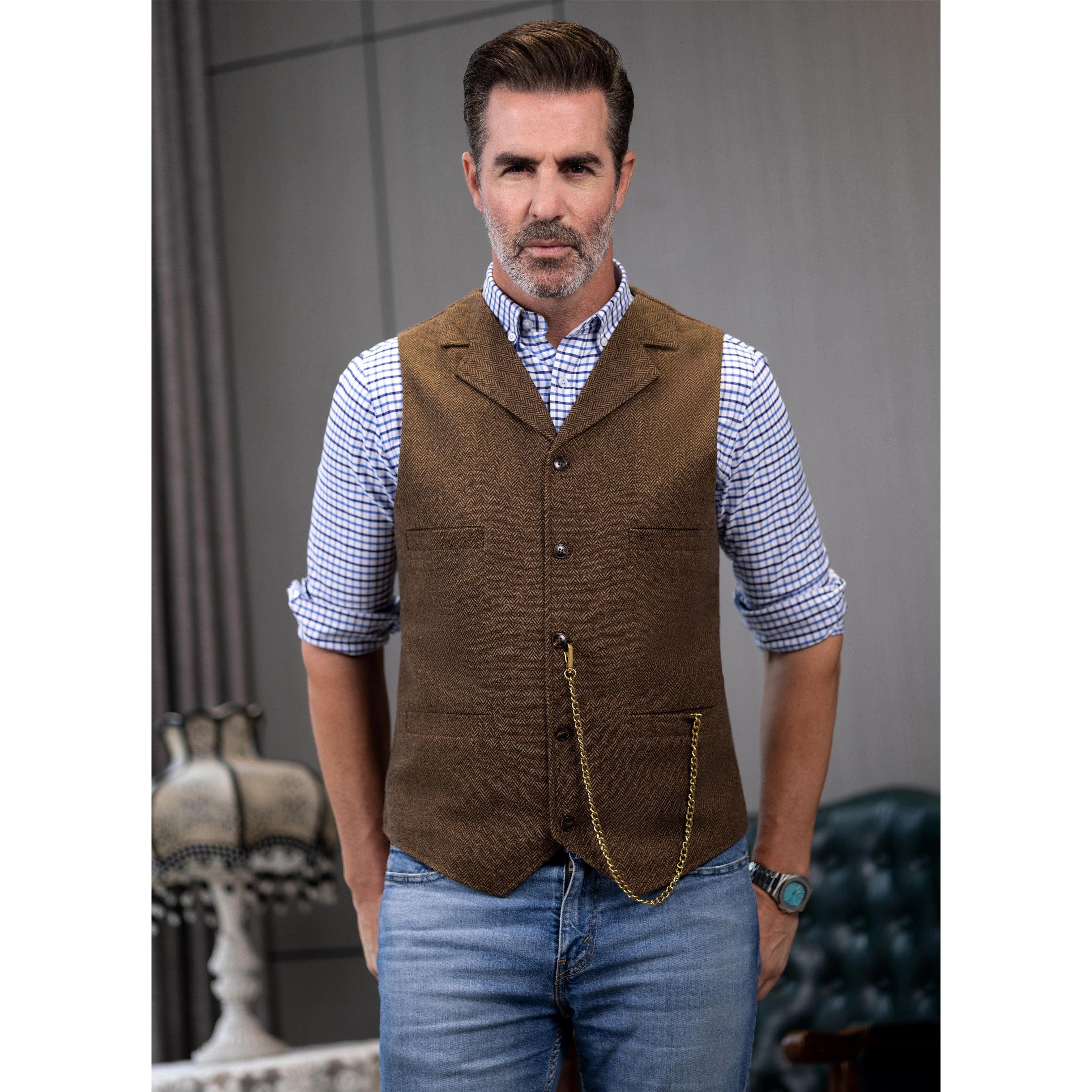 ceehuteey Men's Fashion Suit Vest Herringbone Notch Lapel Waistcoat