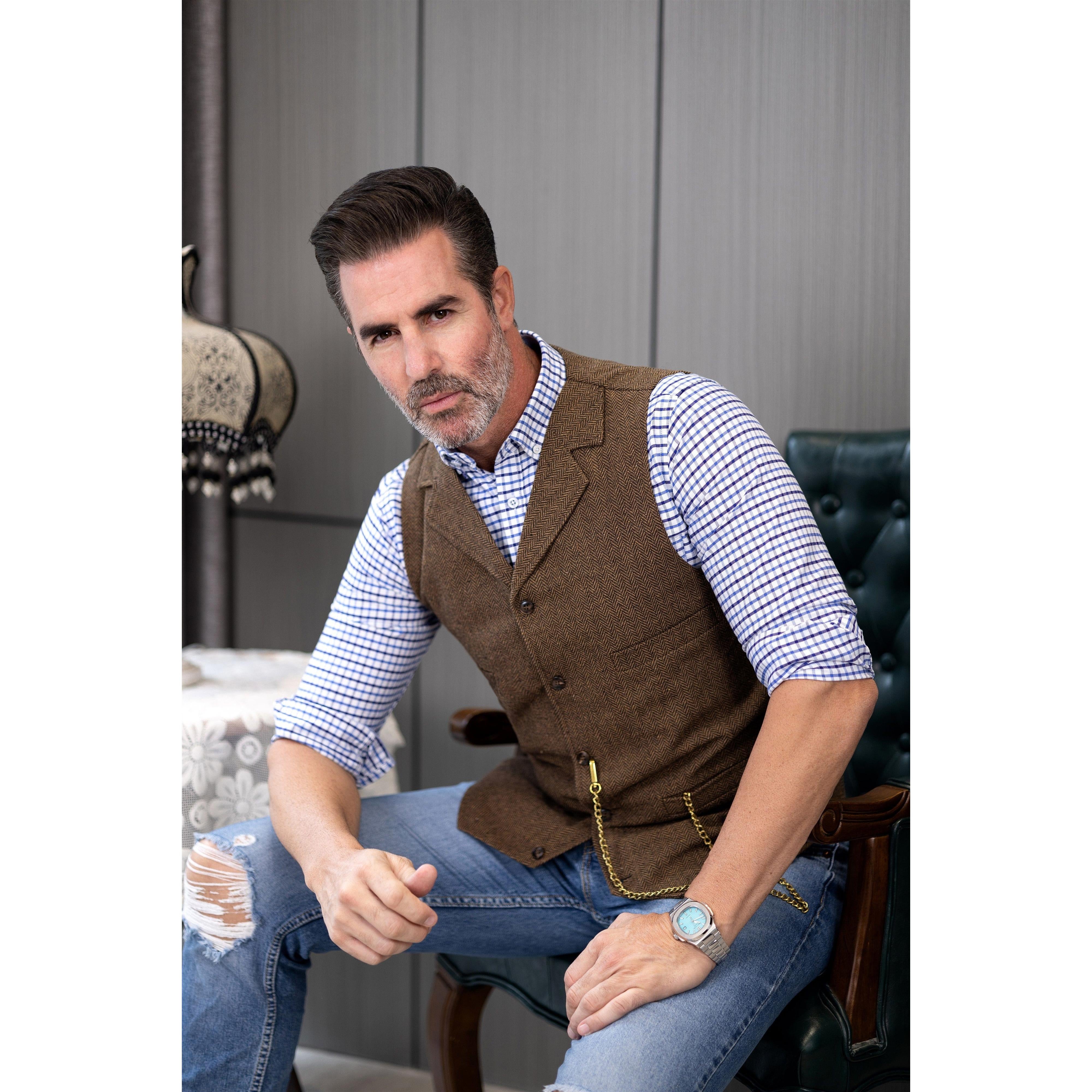 ceehuteey Men's Fashion Suit Vest Herringbone Notch Lapel Waistcoat