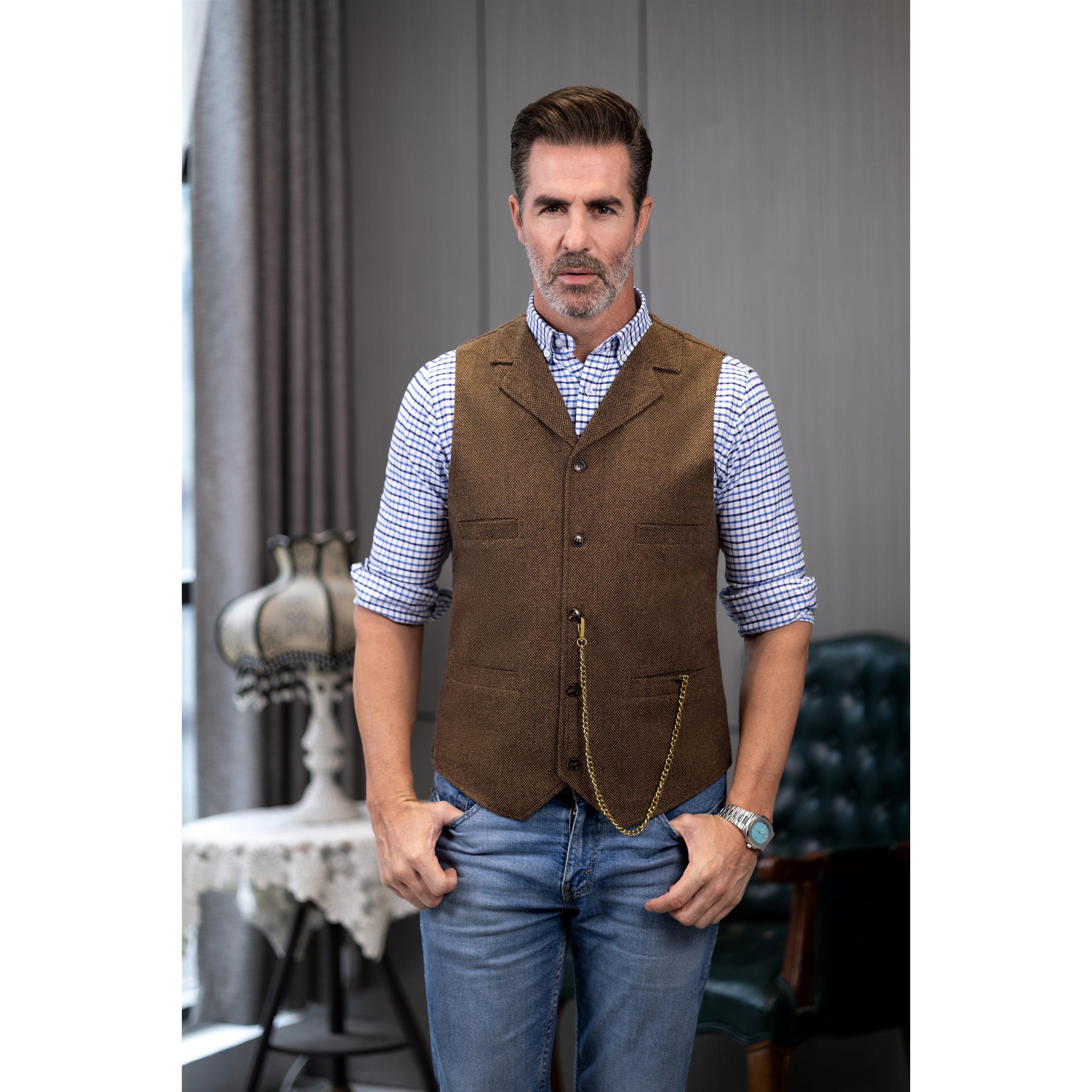 ceehuteey Men's Fashion Suit Vest Herringbone Notch Lapel Waistcoat