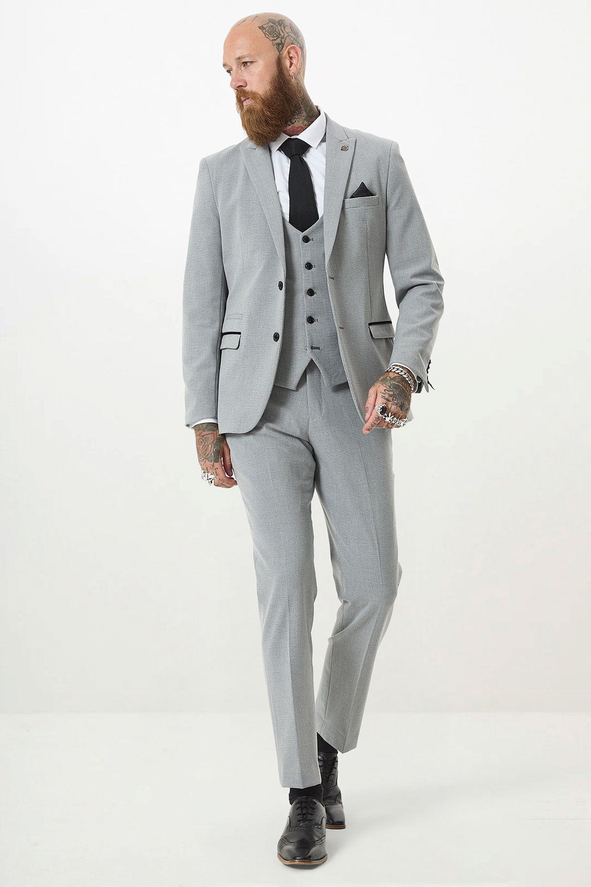 ceehuteey Men's Fashion three-piece Grey Plaid Suit in Signature Peak lapel Business Tuxedos(Blazer+vest+Pants)