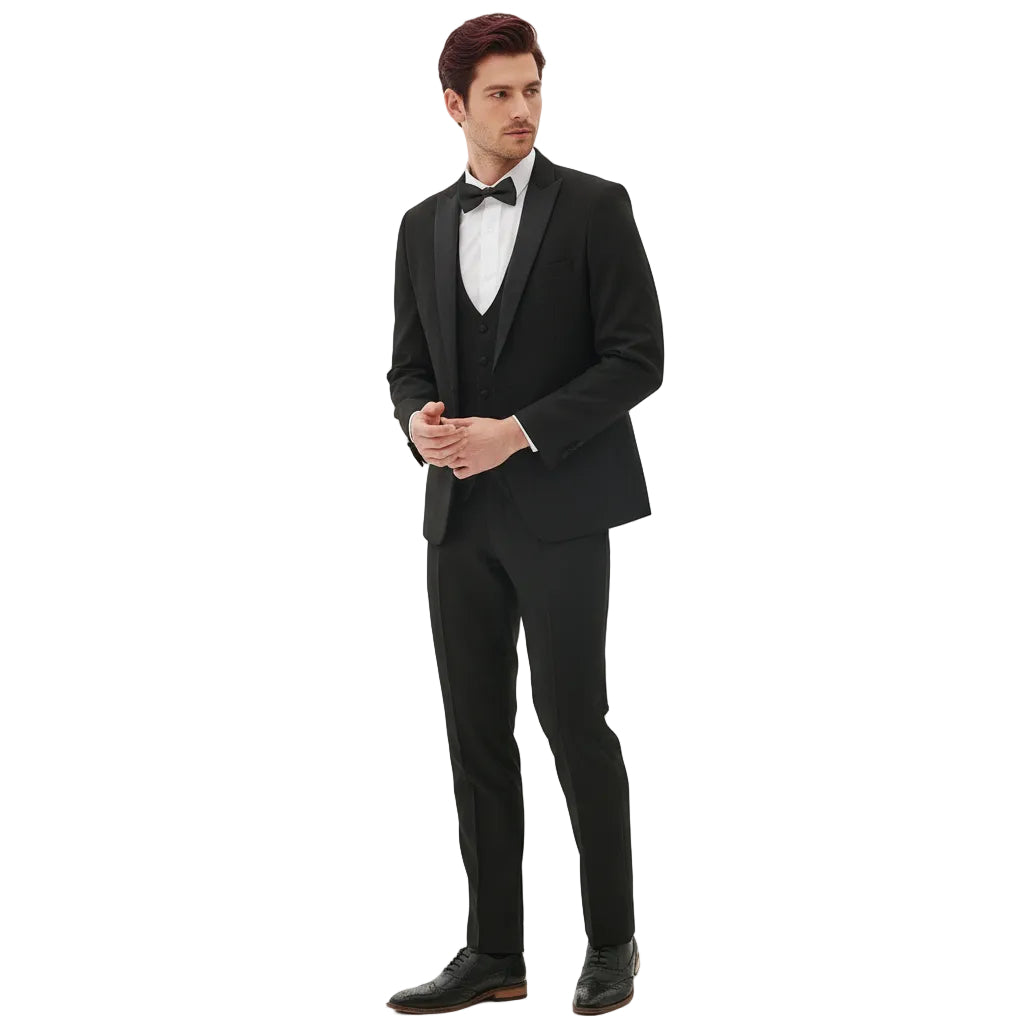 ceehuteey Men's Fashion three-piece Suit in Black Signature Peak Lapel Multiple Occasions Tuxedos For Wedding (Blazer+vest+Pants)