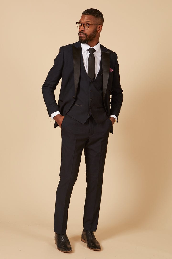 ceehuteey Men's Fashion three-piece Suit in Navy Signature Peak Lapel Multiple Occasions Tuxedos For Wedding (Blazer+vest+Pants)