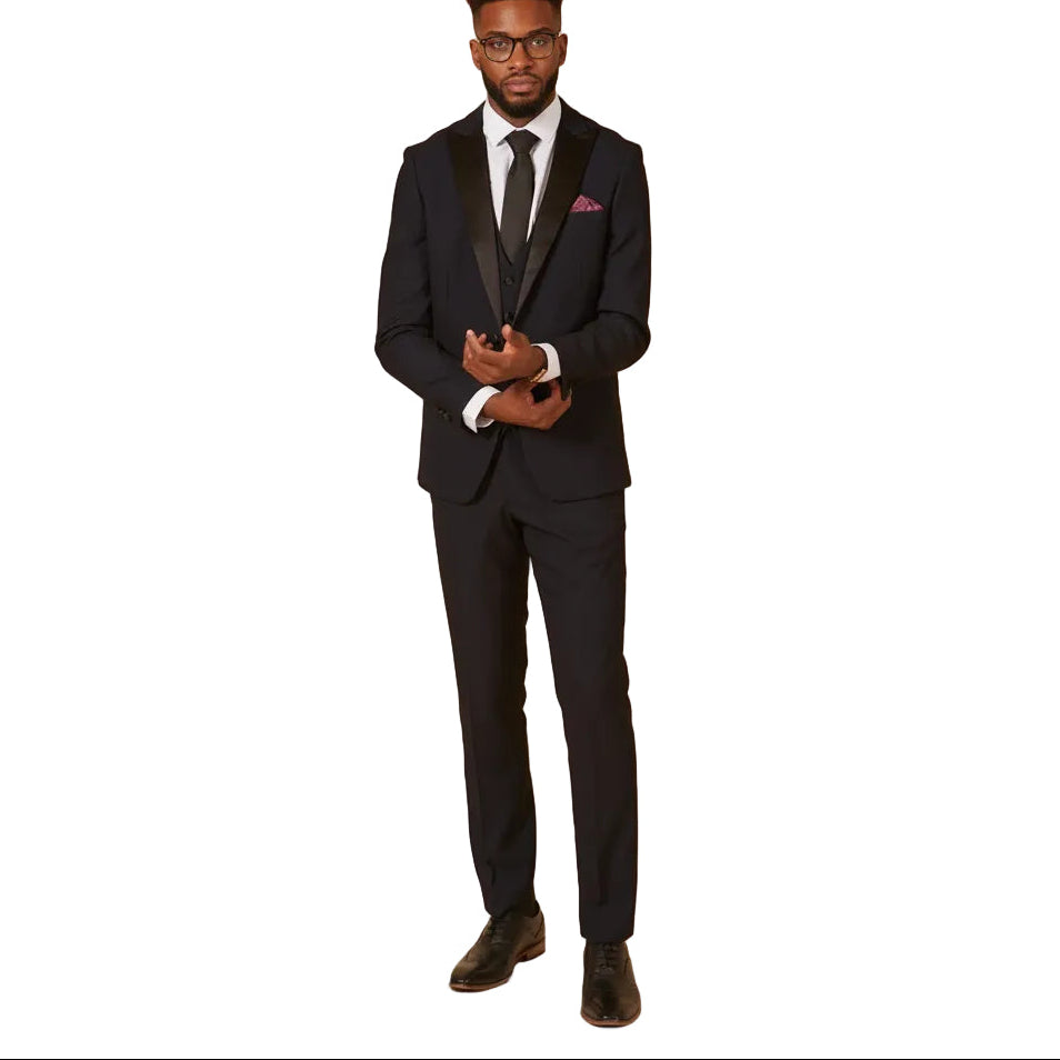 ceehuteey Men's Fashion three-piece Suit in Navy Signature Peak Lapel Multiple Occasions Tuxedos For Wedding (Blazer+vest+Pants)