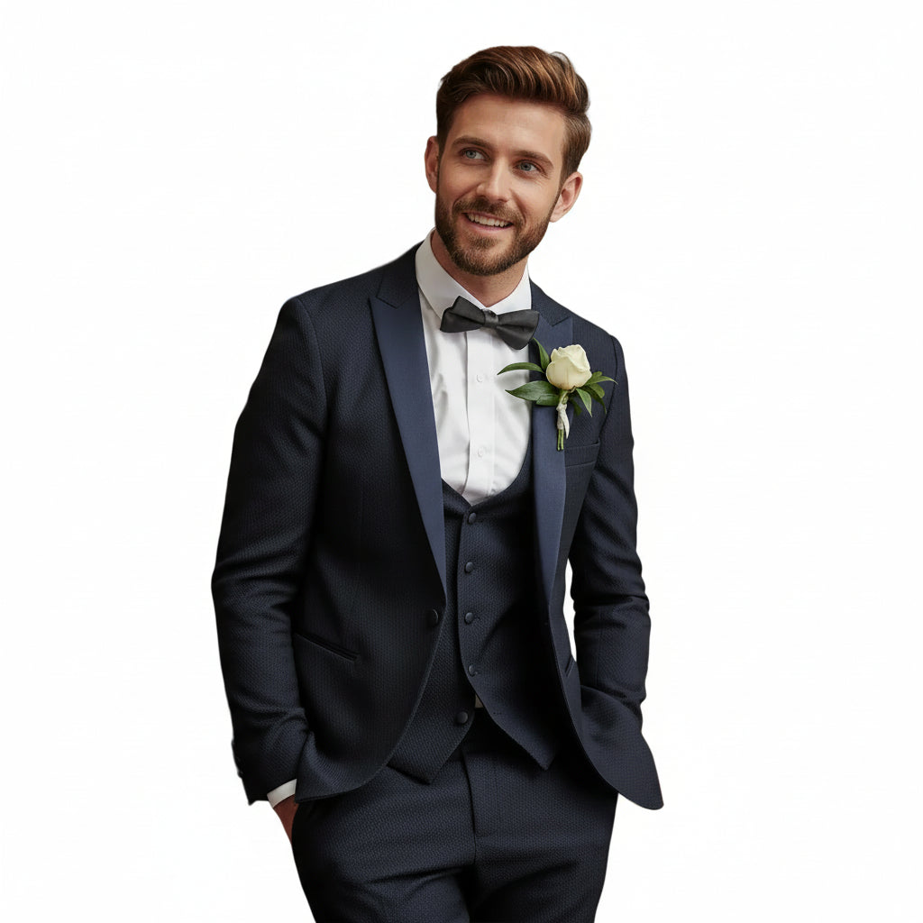 ceehuteey Men's Fashion three-piece Suit in Navy Signature Peak Lapel Multiple Occasions Tuxedos For Wedding (Blazer+vest+Pants)