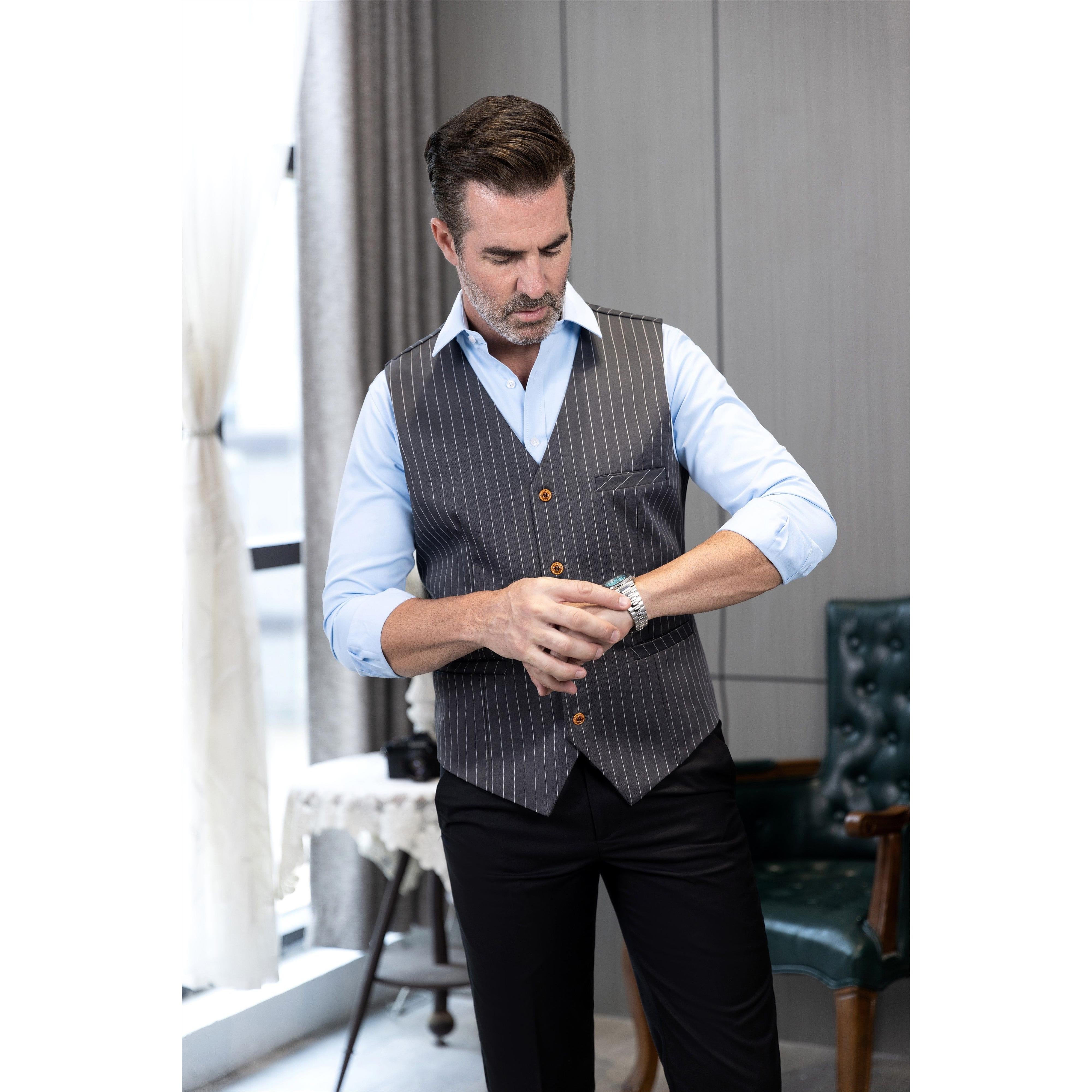 ceehuteey Men's Fashion V Neck Striped Flat Waistcoat For Wedding Party