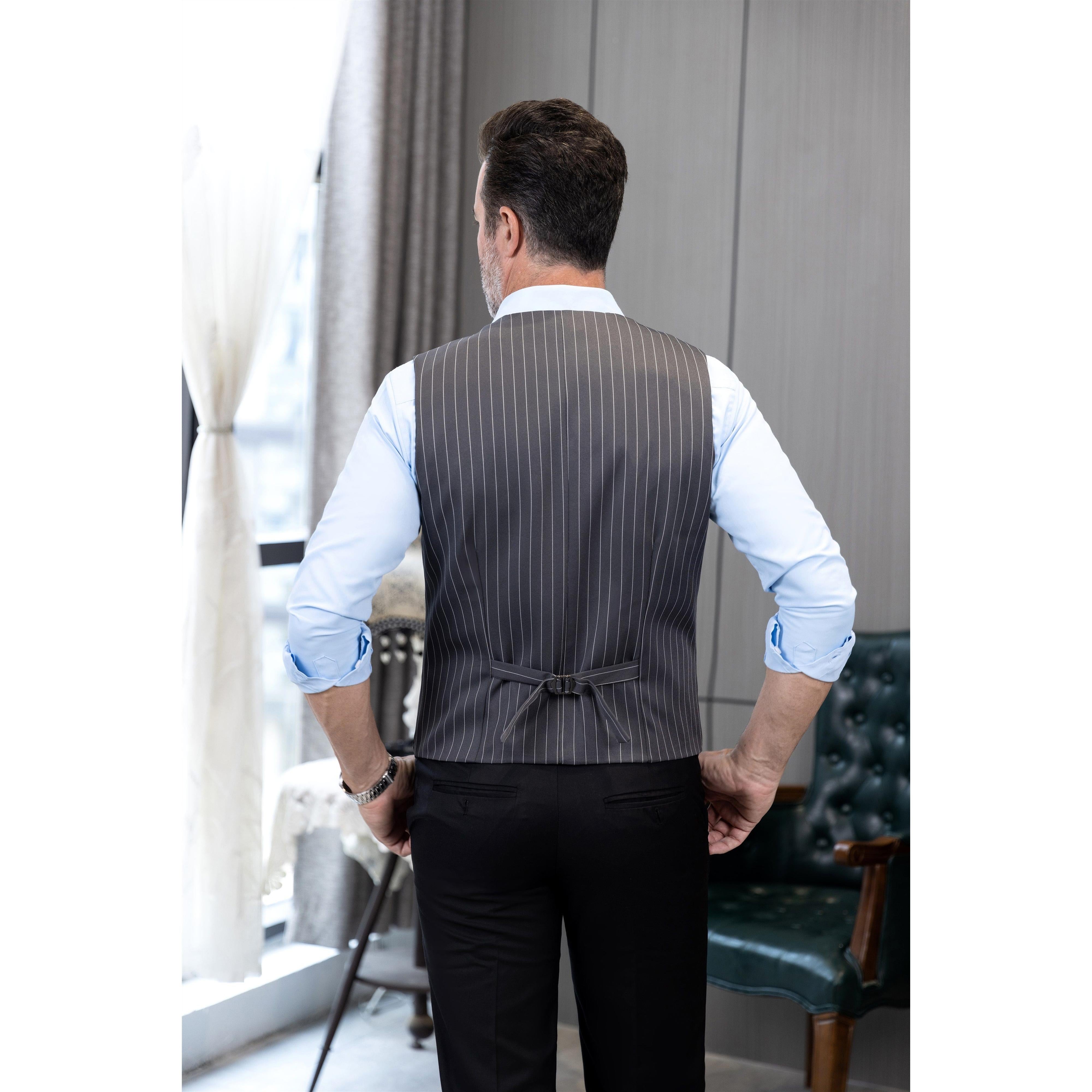 ceehuteey Men's Fashion V Neck Striped Flat Waistcoat For Wedding Party
