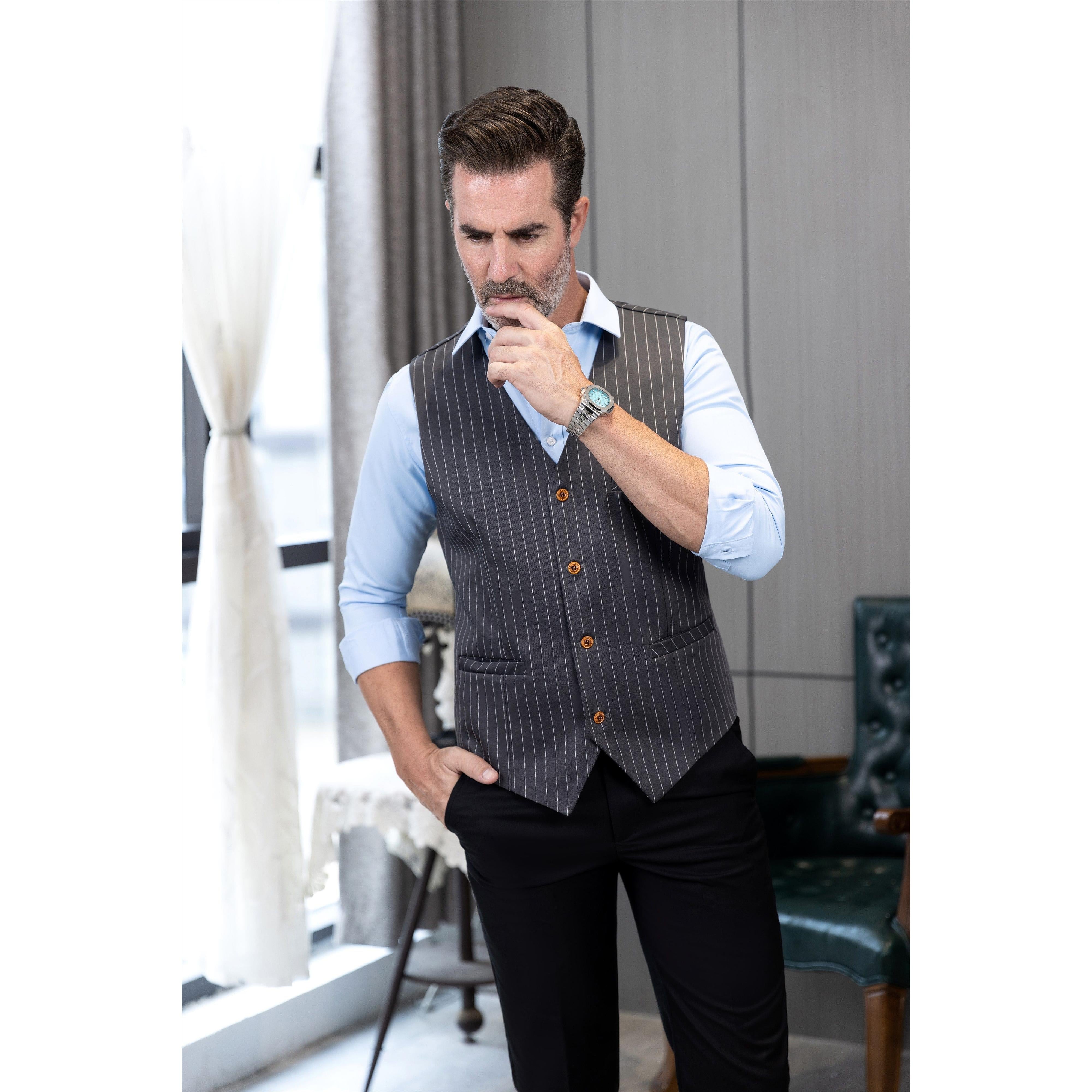 ceehuteey Men's Fashion V Neck Striped Flat Waistcoat For Wedding Party