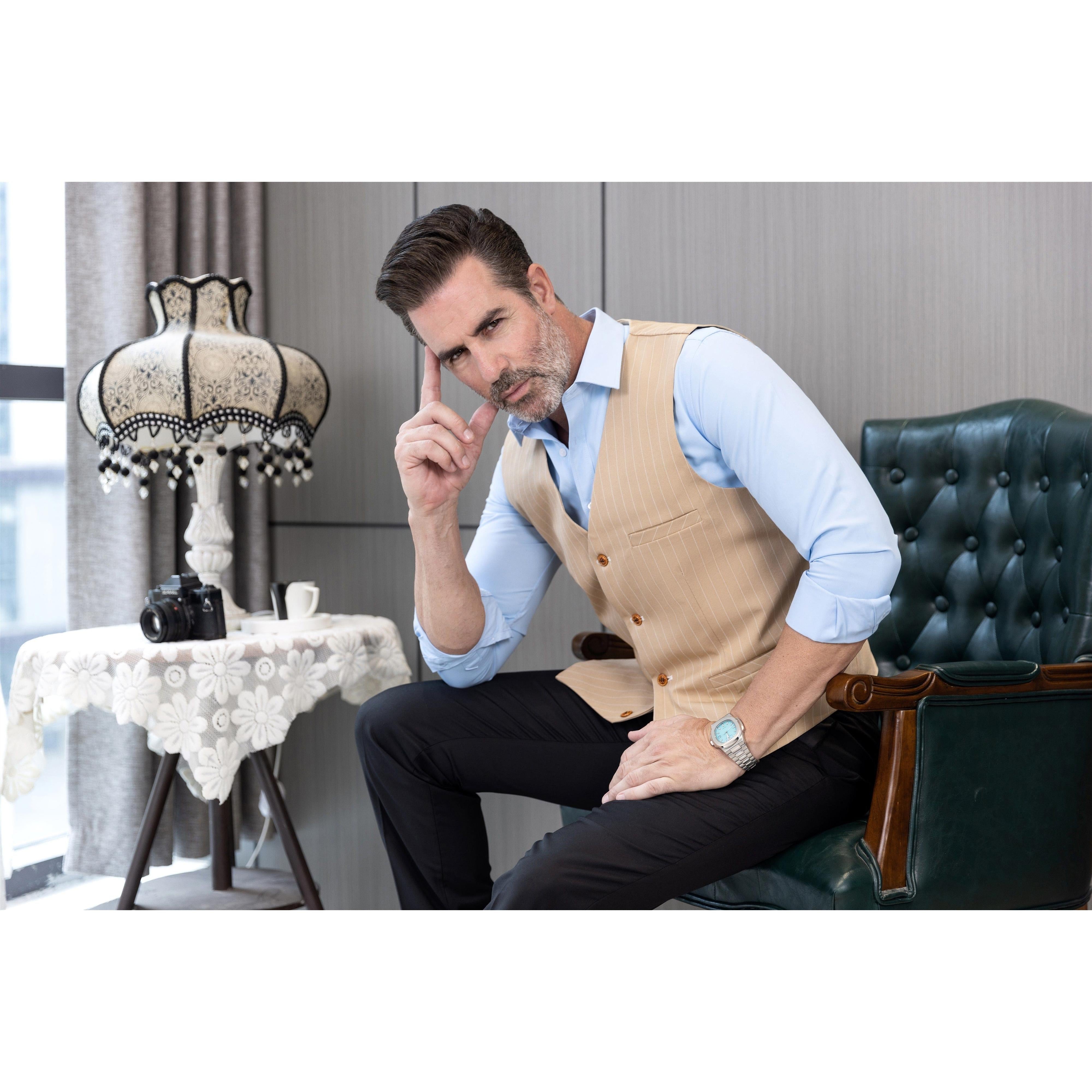 ceehuteey Men's Fashion V Neck Striped Flat Waistcoat For Wedding Party