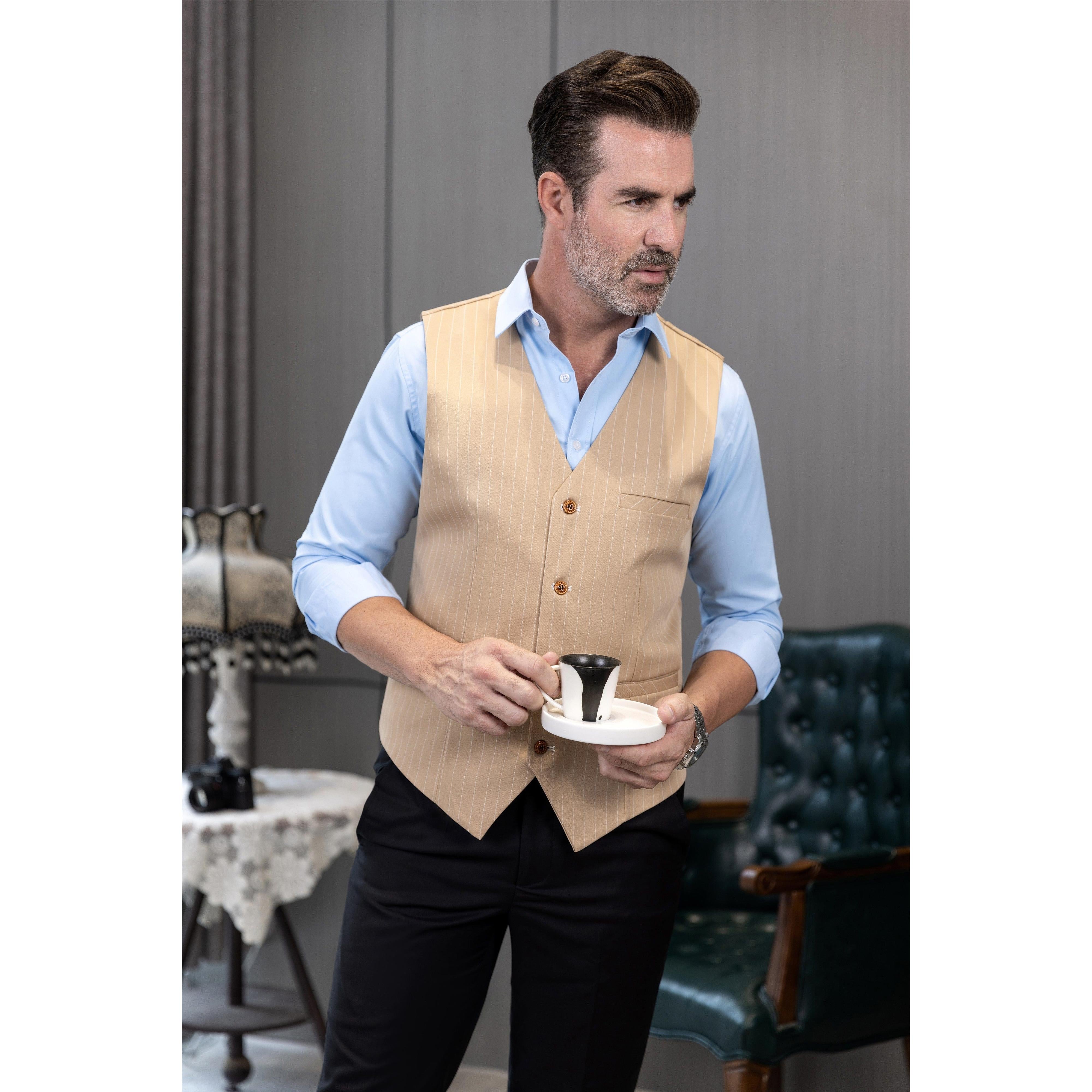 Ceehuteey Men's V Neck Striped Flat Waistcoat for Party Champagne / M