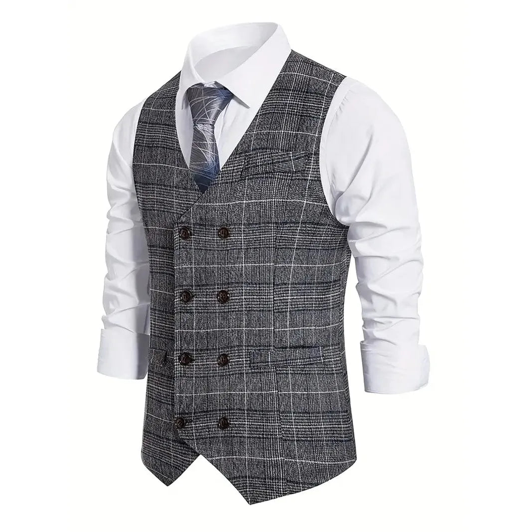 ceehuteey Men's Formal Double Breasted Plaid V Neck Waistcoat
