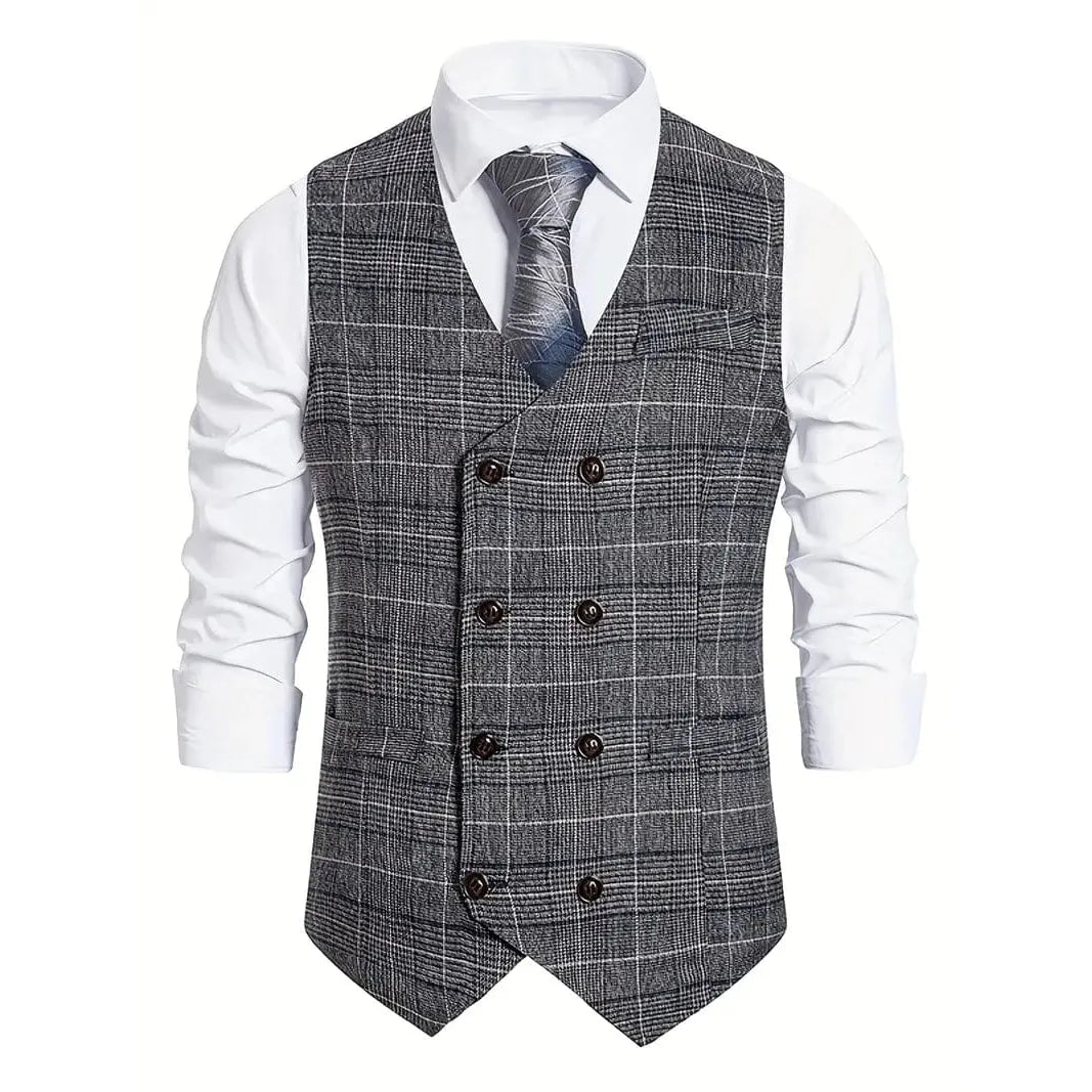 ceehuteey Men's Formal Double Breasted Plaid V Neck Waistcoat