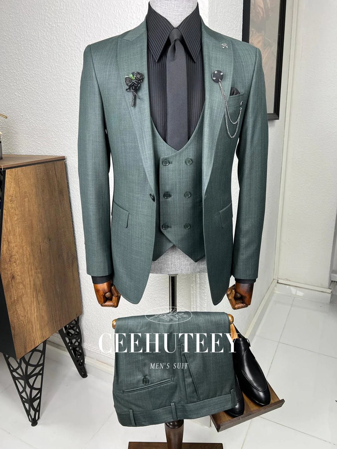 ceehuteey Men's Formal Linen Fit 3-Piece Double Breasted Suits Wedding Groosmen Suits Prom Tuxedo (Blazer+vest+Pants)