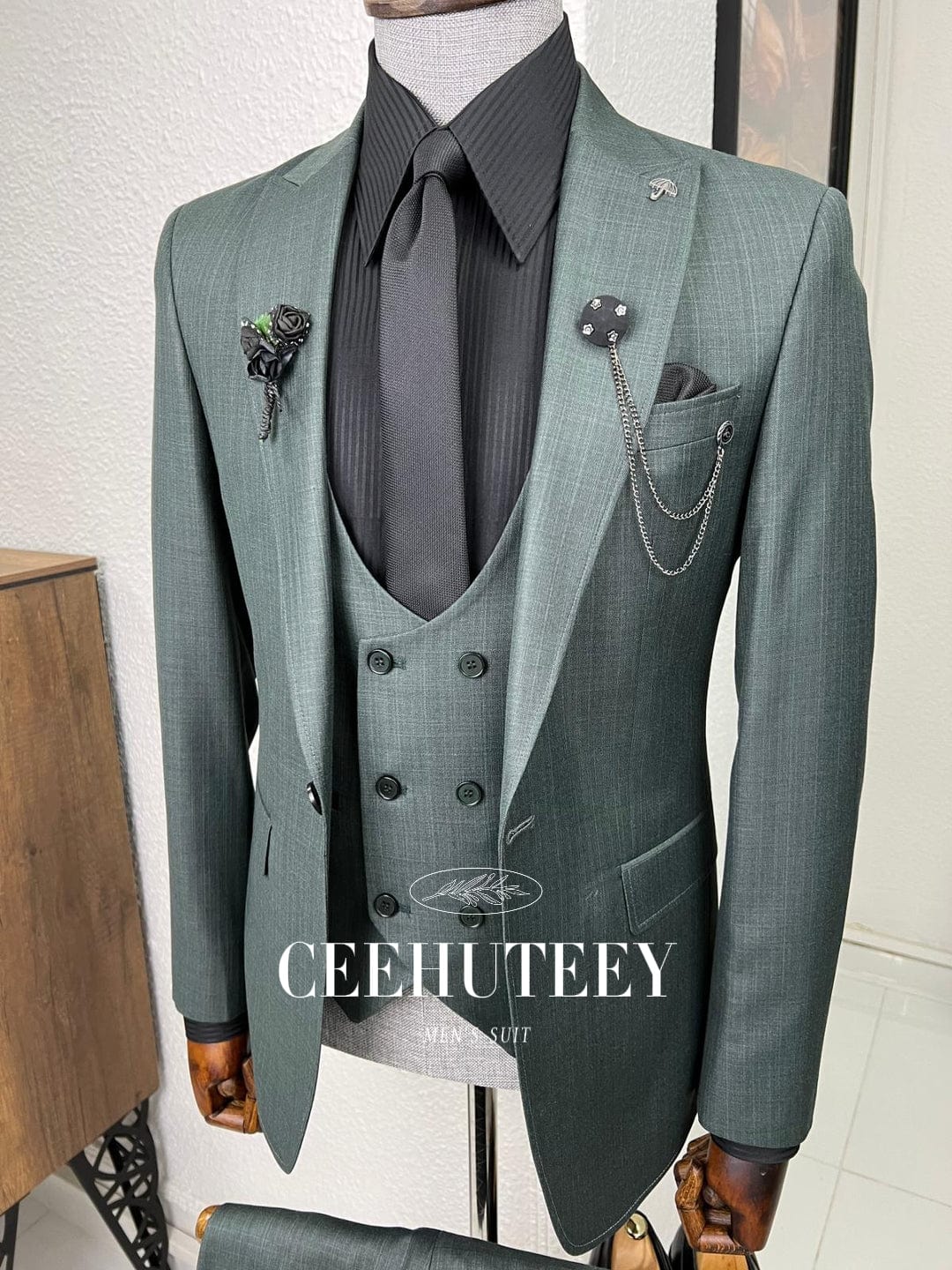 ceehuteey Men's Formal Linen Fit 3-Piece Double Breasted Suits Wedding Groosmen Suits Prom Tuxedo (Blazer+vest+Pants)